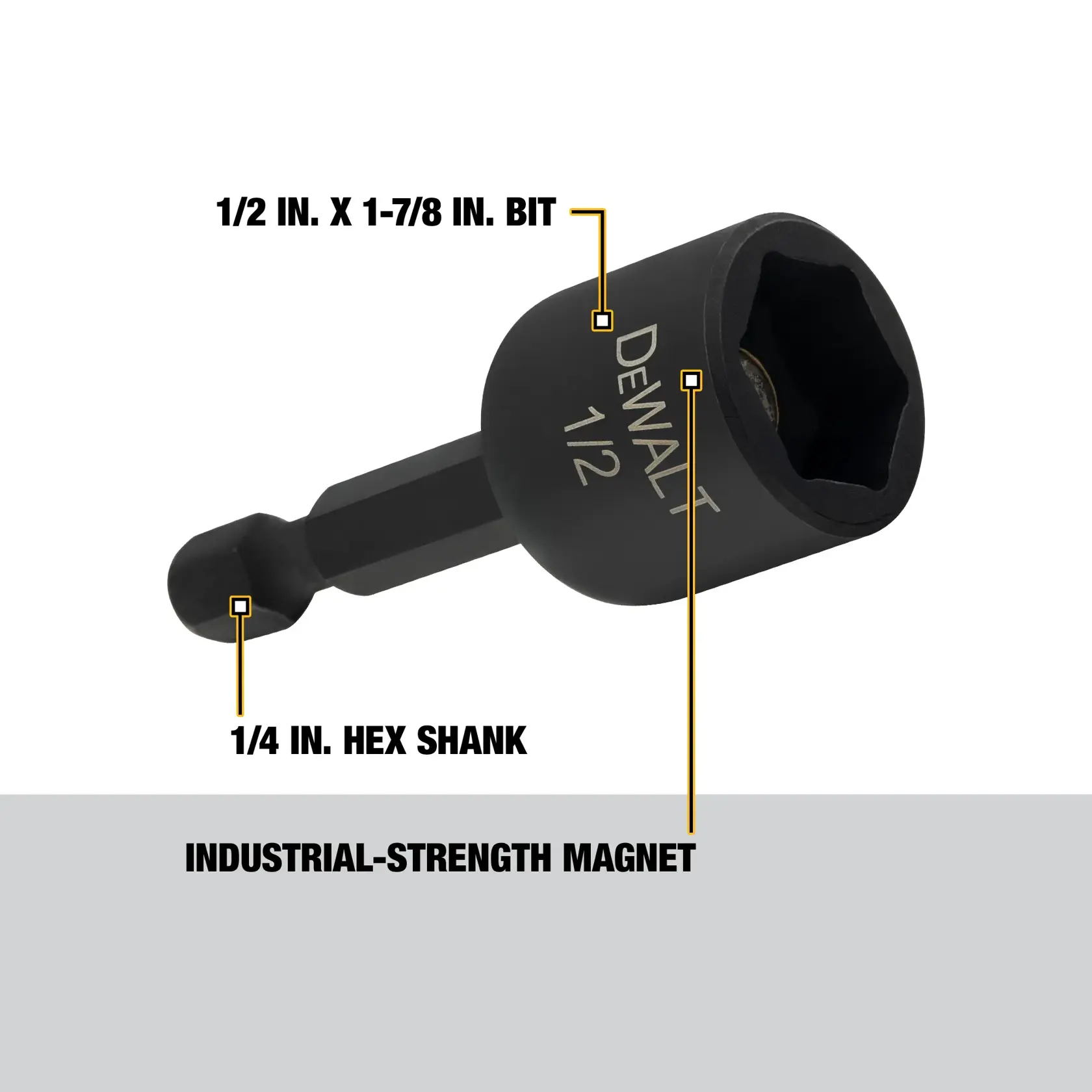 DEWALT branded 1/2 inch by 1-7/8 inch impact socket bit with 1/4 inch hex shank and industrial-strength magnet, shown with labeled features.