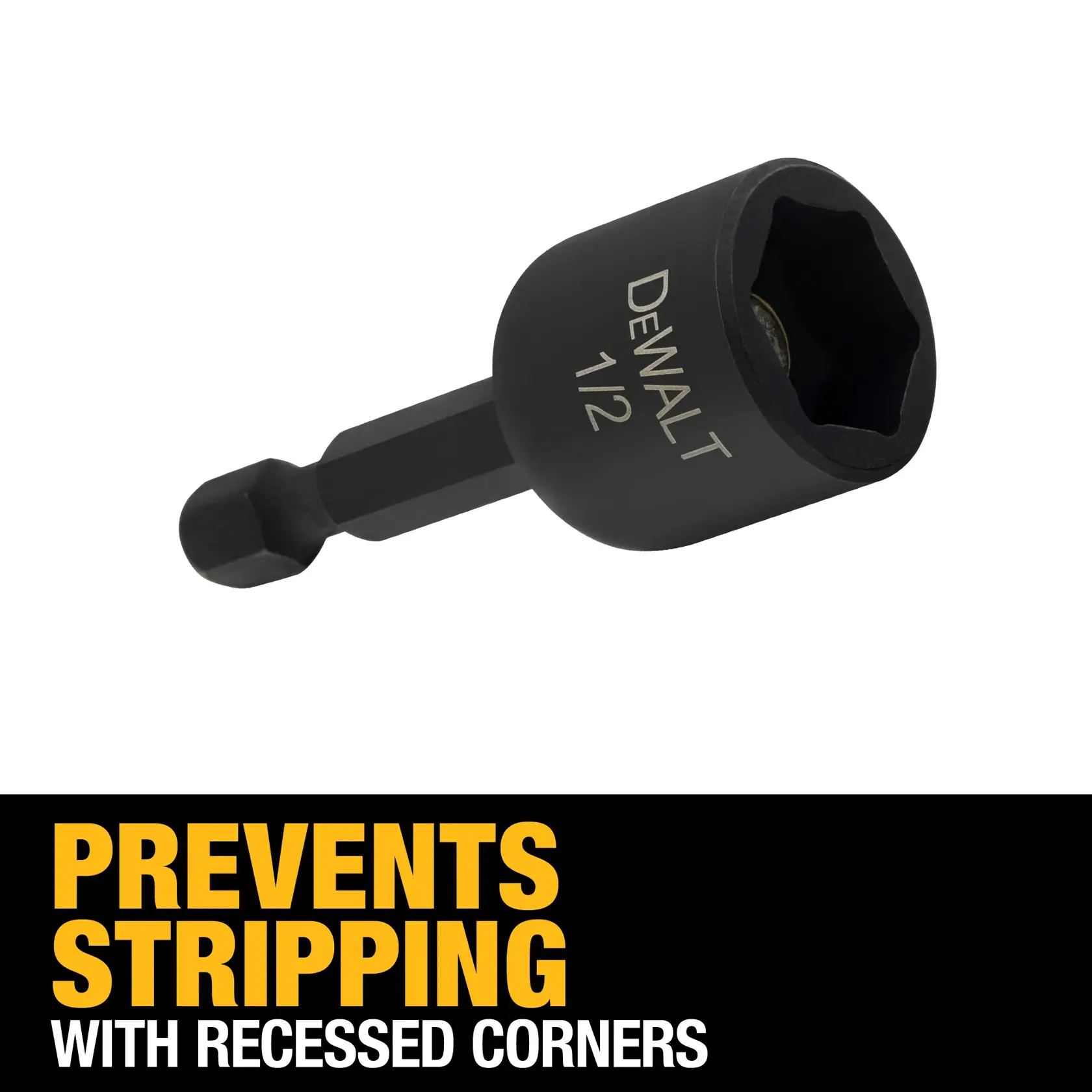 A DEWALT 1/2 inch impact socket adapter, black color, with text below stating 'Prevents stripping with recessed corners.'