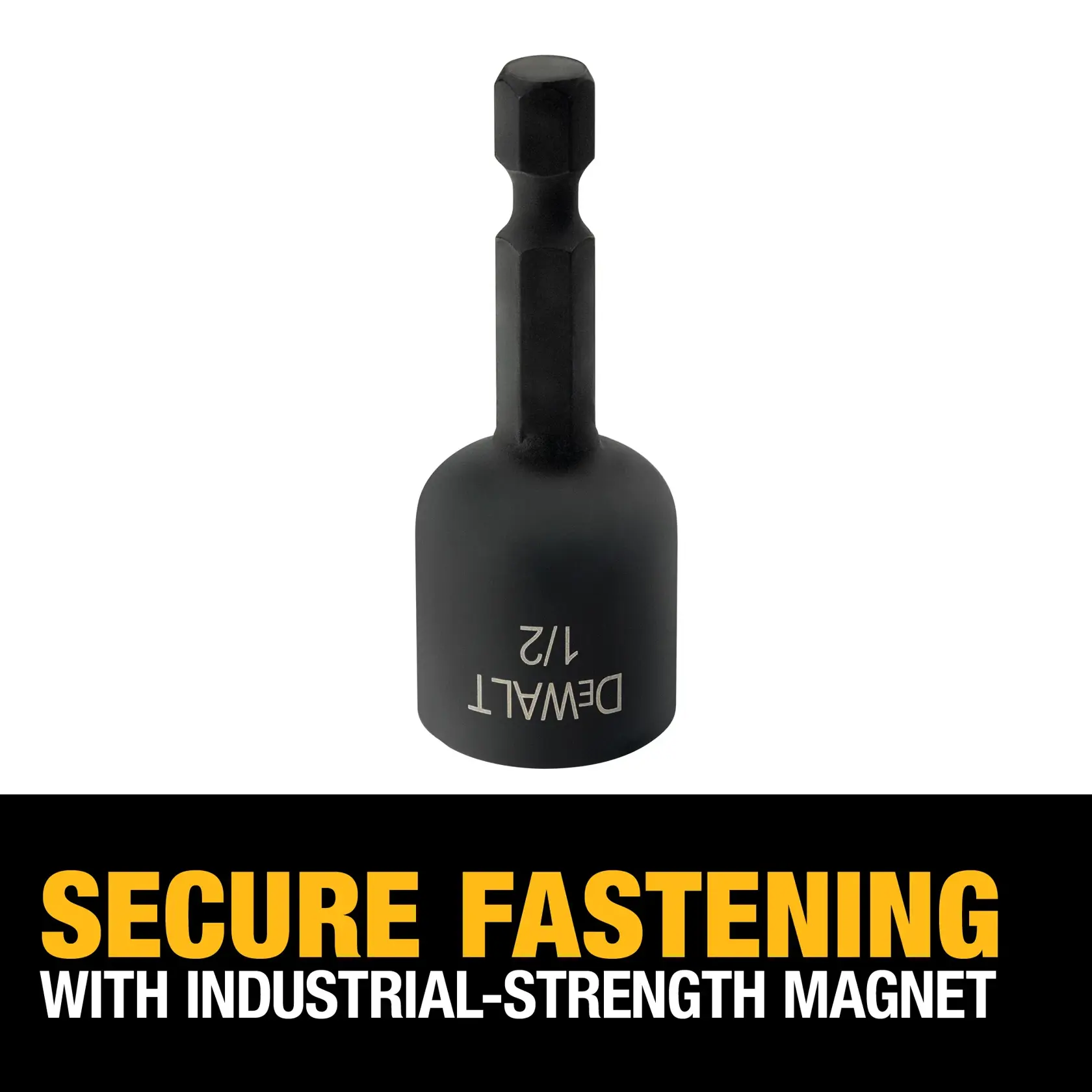 A DEWALT 1/2 inch black impact socket adapter with a hex shank, shown above bold text that reads 'Secure fastening with industrial-strength magnet.'
