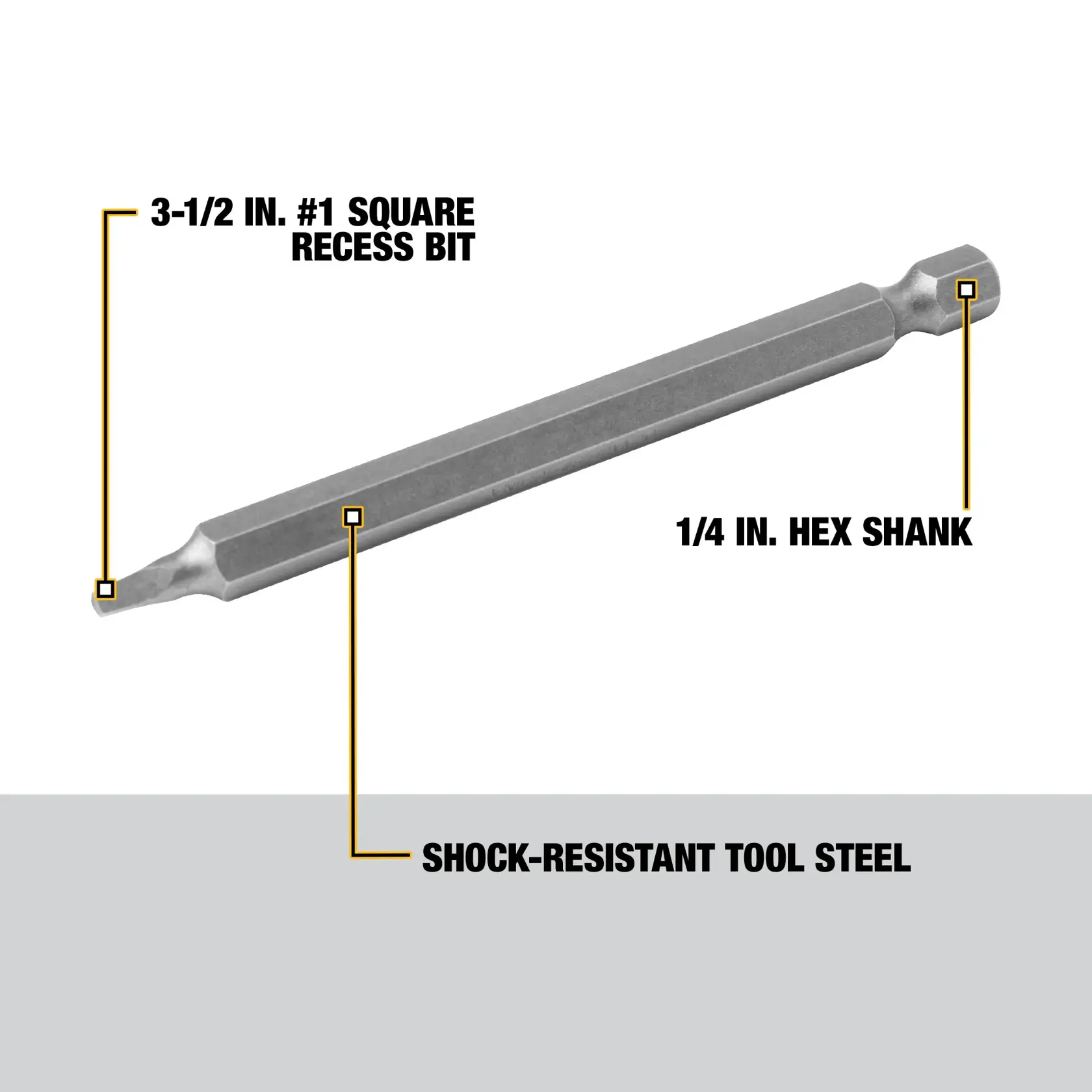A DEWALT 3-1/2 inch #1 square recess bit made of shock-resistant tool steel, featuring a 1/4 inch hex shank.
