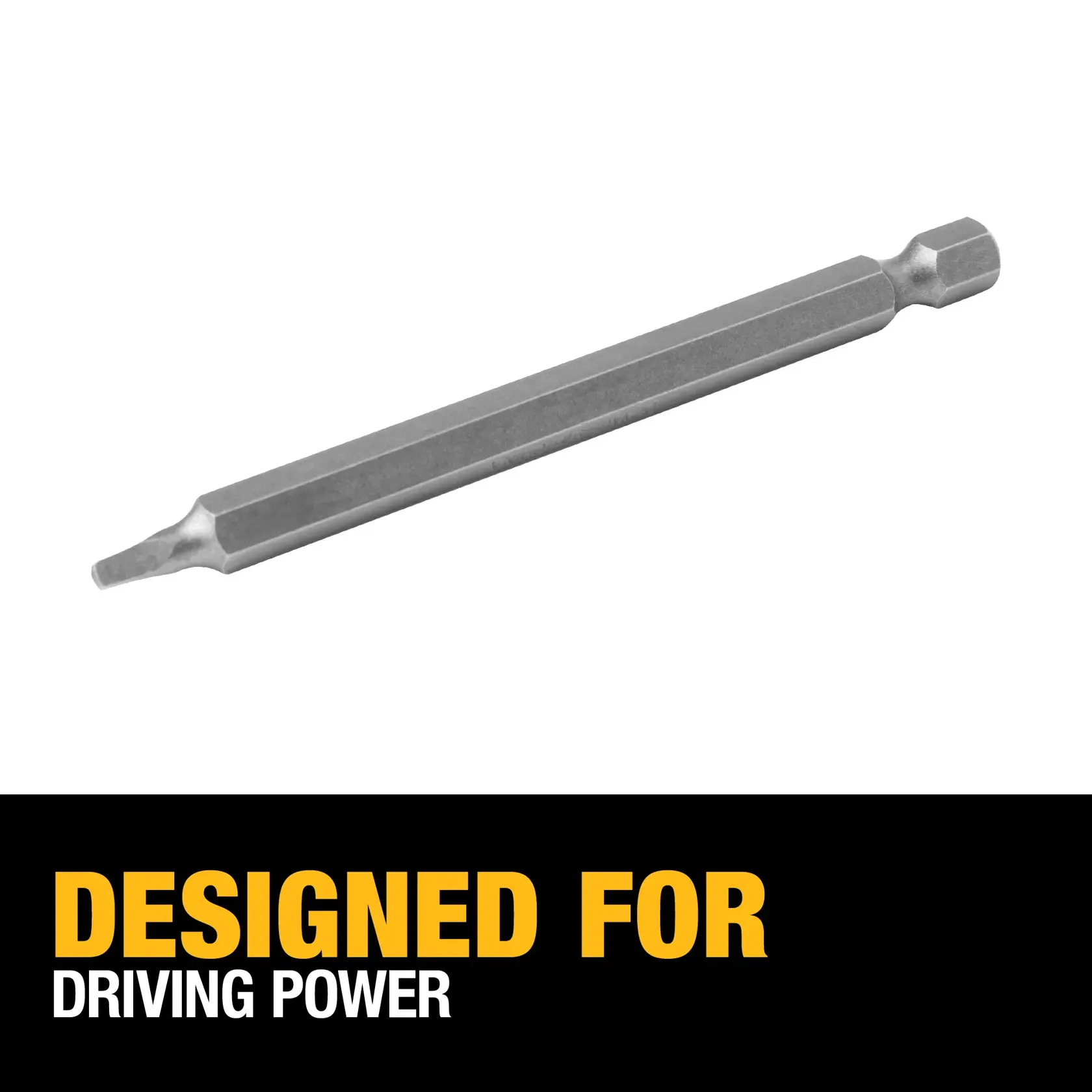 A DEWALT DW2231 steel screwdriver bit displayed on a white background, with text below stating 'Designed for driving power'.