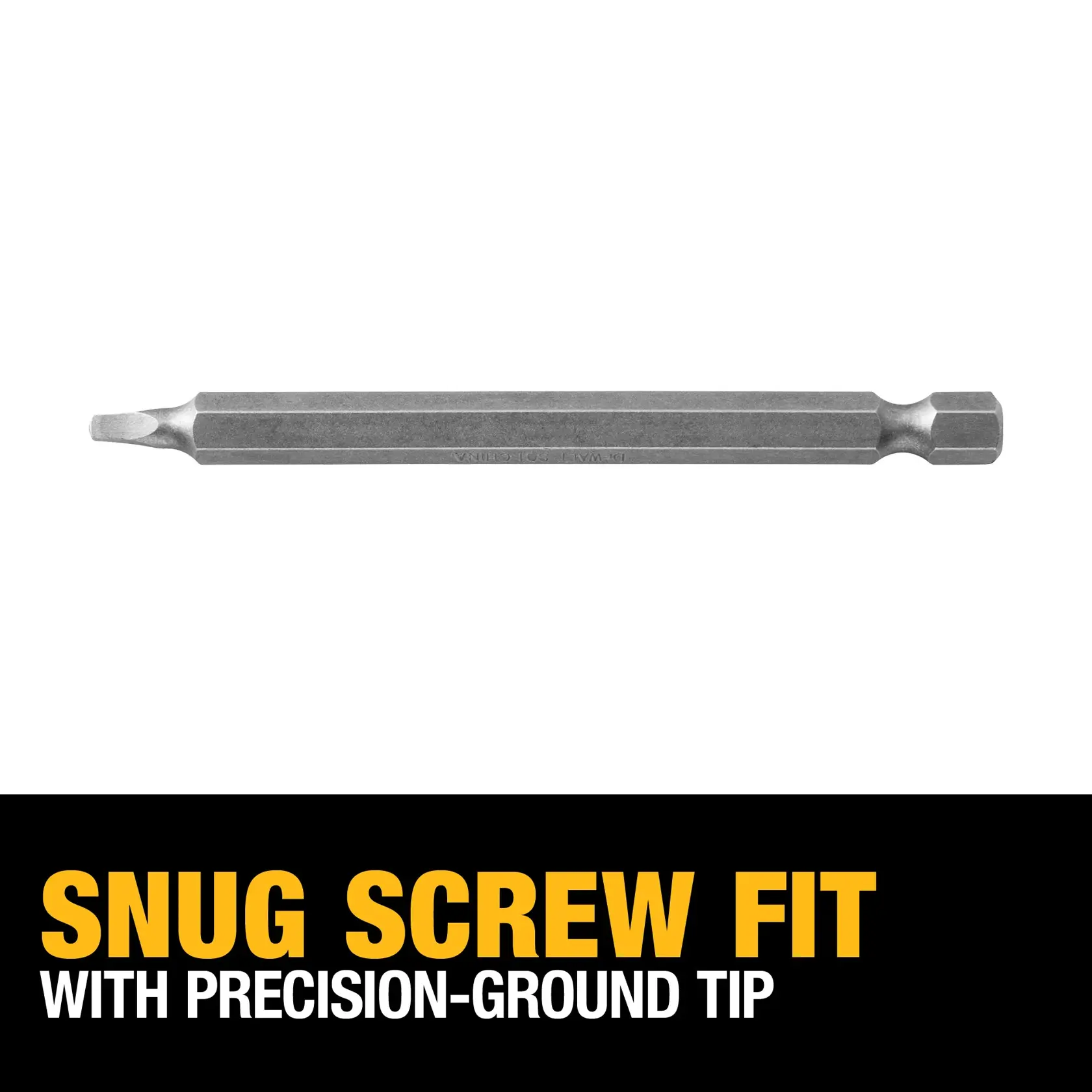A DEWALT DW2231 precision-ground screwdriver bit is shown above bold text that reads 'Snug screw fit with precision-ground tip'.