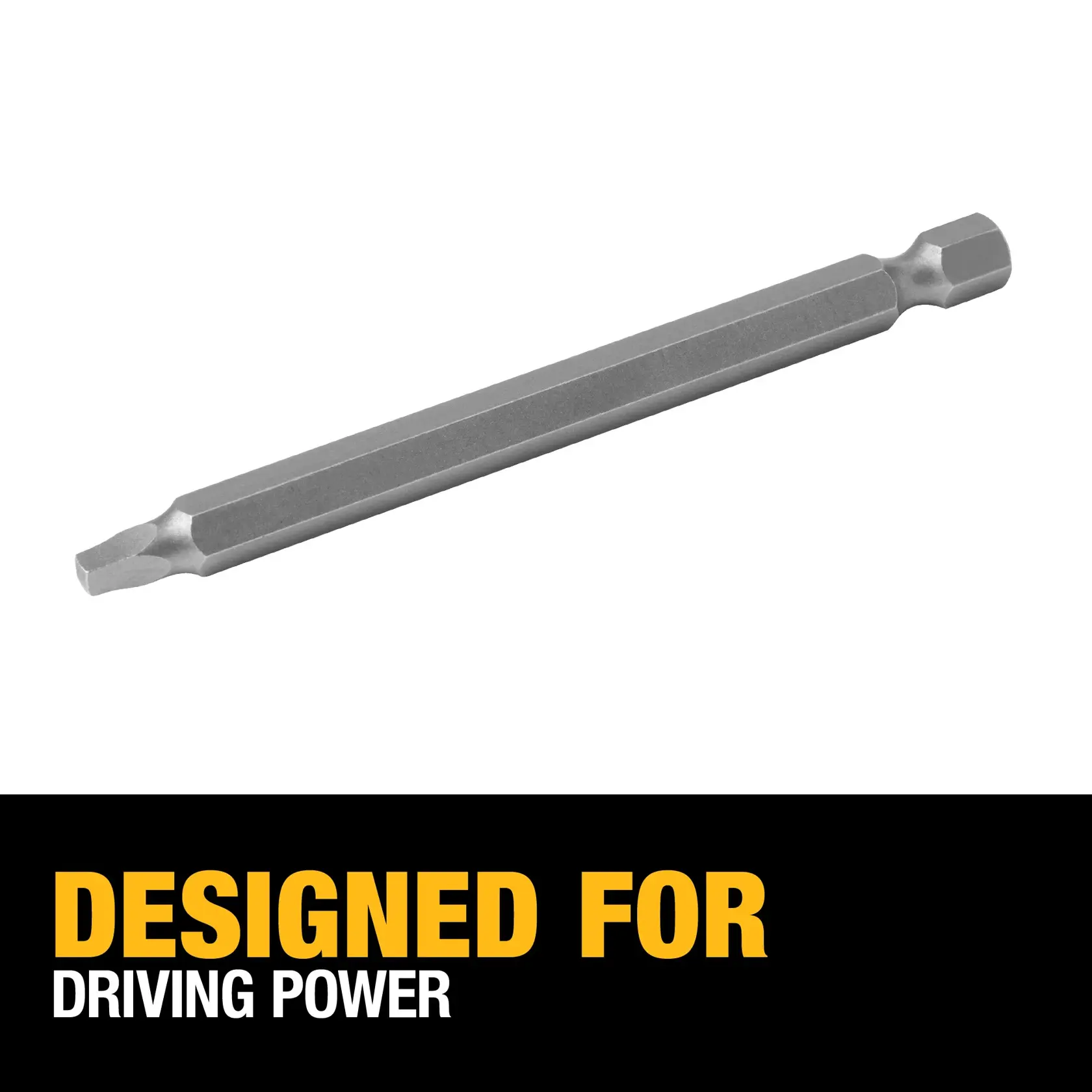 A DEWALT hex screwdriver bit, gray metal, with text below that reads 'DESIGNED FOR DRIVING POWER' in yellow and white letters on a black background.
