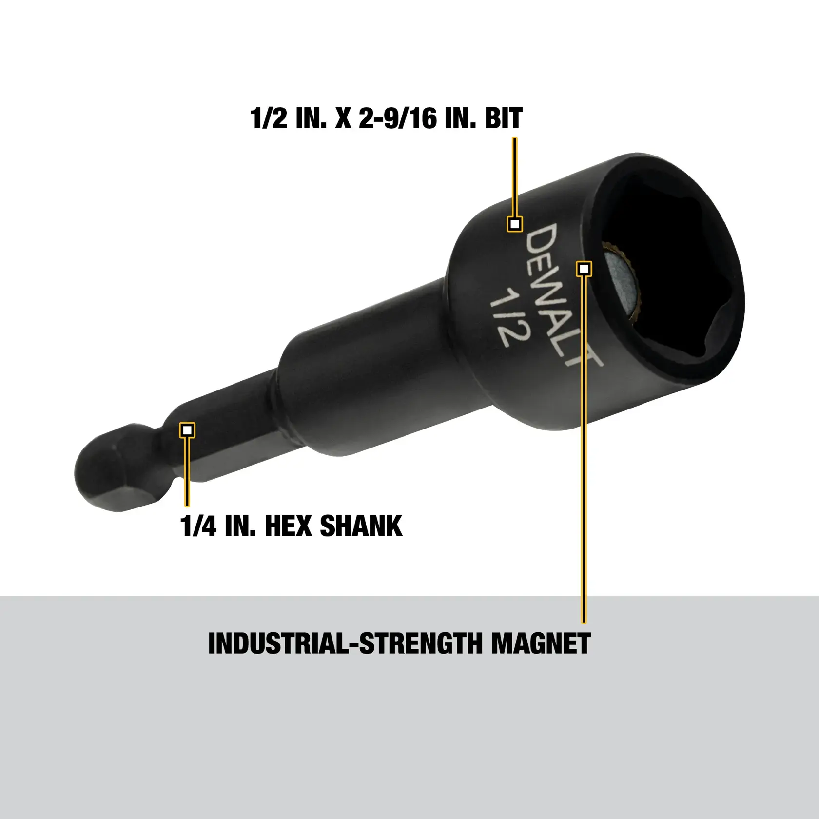 Close-up image of a DEWALT 1/2 inch hex socket bit with a 1/4 inch hex shank, labeled to highlight its 1/2 inch x 2-9/16 inch bit, industrial-strength magnet, and 1/4 inch hex shank features.