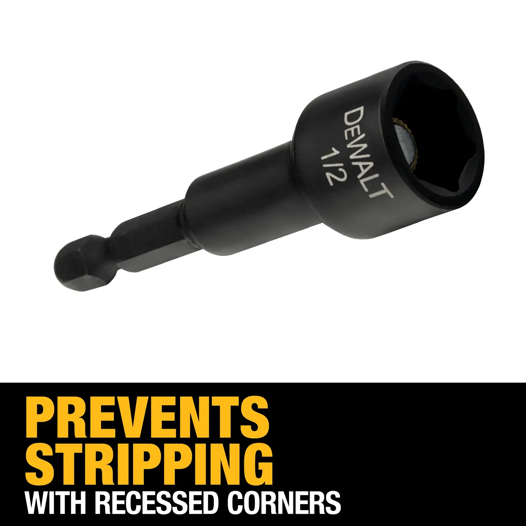 DEWALT 1/2 inch impact socket adapter with recessed corners, shown against a white background. Text at the bottom reads: 'Prevents stripping with recessed corners.'