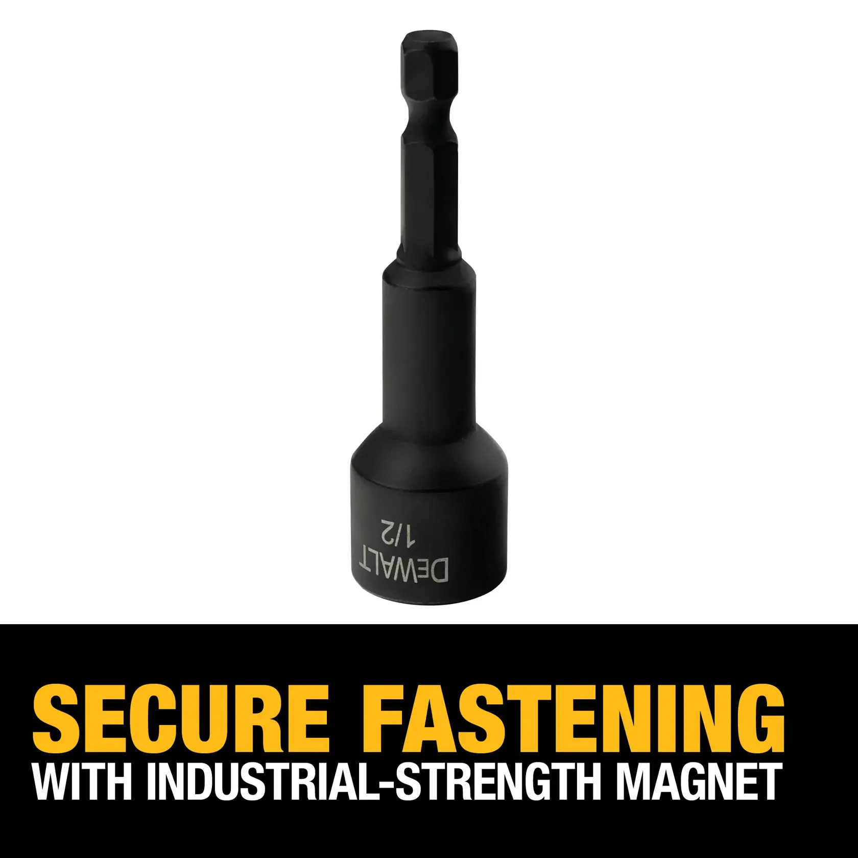 DEWALT 1/2 inch impact socket adapter with hex shank and black finish, shown above text stating 'Secure Fastening with Industrial-Strength Magnet'.
