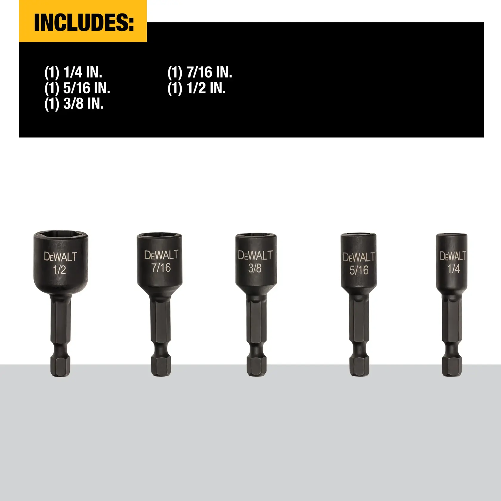 Image shows a DEWALT set of five impact ready magnetic nut drivers with sizes 1/4 inch, 5/16 inch, 3/8 inch, 7/16 inch, and 1/2 inch. The text states 'INCLUDES:' followed by a list of the included sizes. The drivers are arranged in a row, each labeled with its respective size.