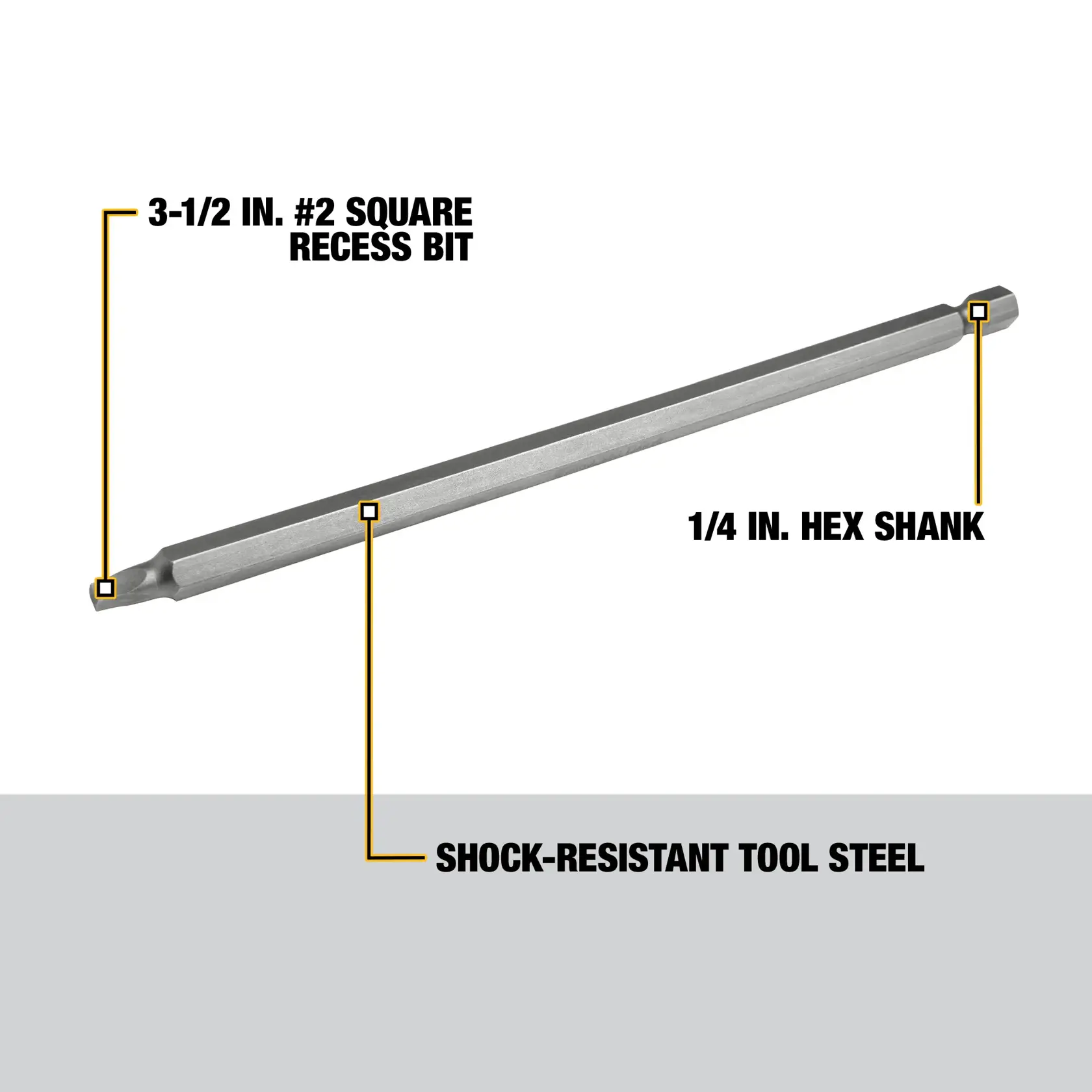 A DEWALT DW2262 tool bit is shown. It is a 3-1/2 inch long, #2 square recess bit with a 1/4 inch hex shank. The tool is made from shock-resistant tool steel. Labeled callouts indicate each feature.