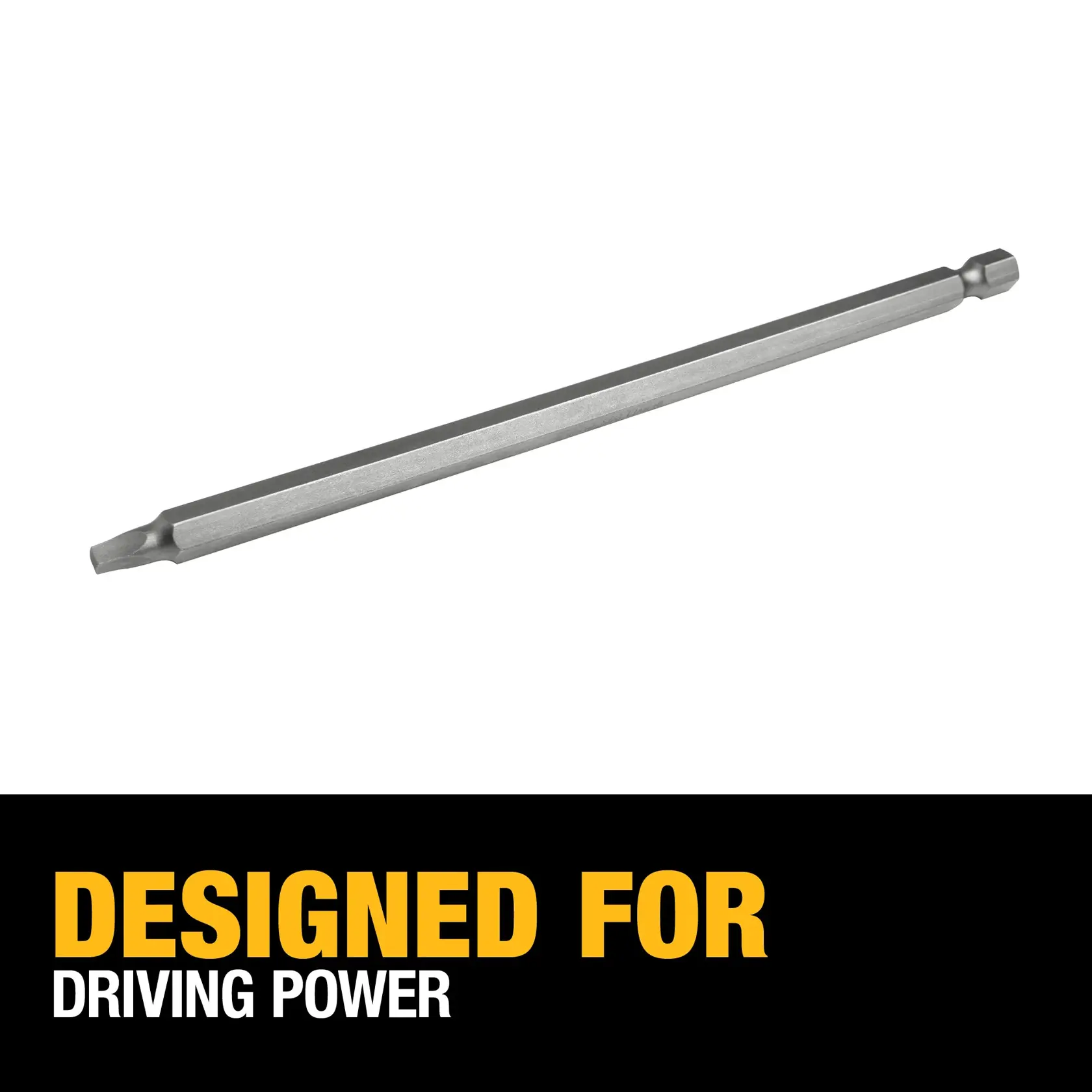 A DEWALT hex screwdriver bit with a long shaft is shown above a black section with the text 'DESIGNED FOR DRIVING POWER' in yellow and white.
