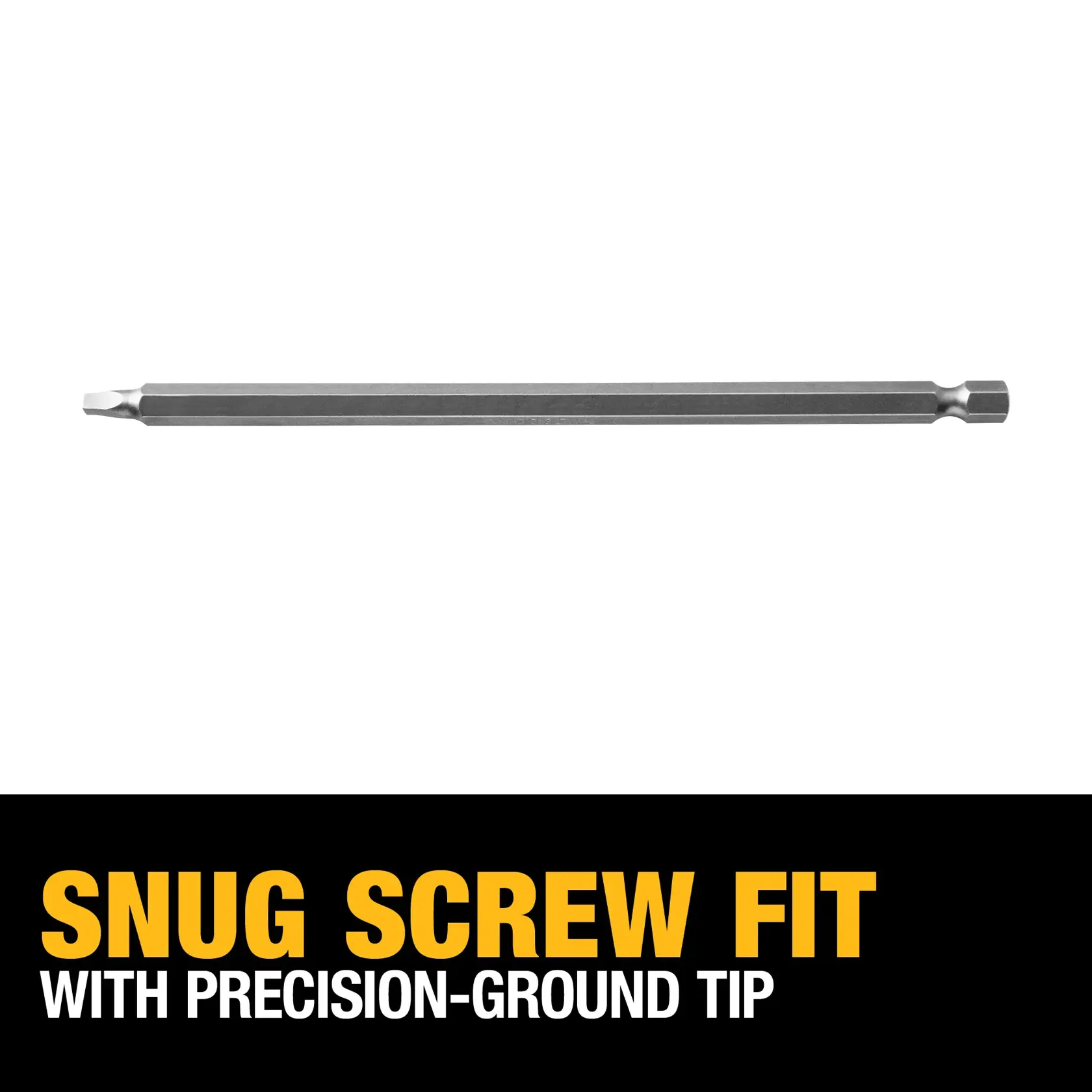 A DEWALT screwdriver bit with a precision-ground tip is shown above a black and yellow banner that reads 'Snug Screw Fit with Precision-Ground Tip.'