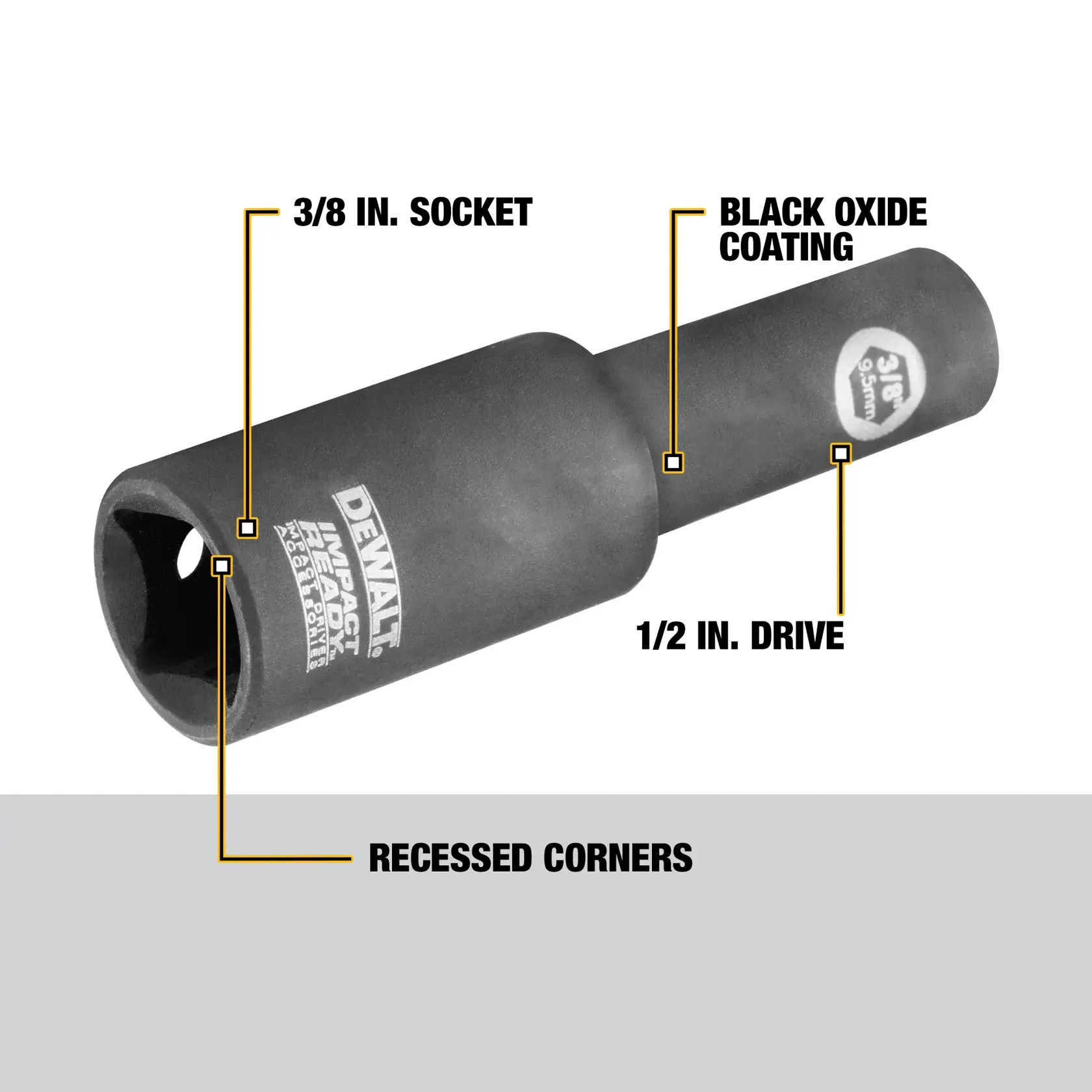 A DEWALT brand socket adapter with black oxide coating. The adapter has a 3/8 inch socket, a 1/2 inch drive, and features recessed corners. Text on the image highlights these features.