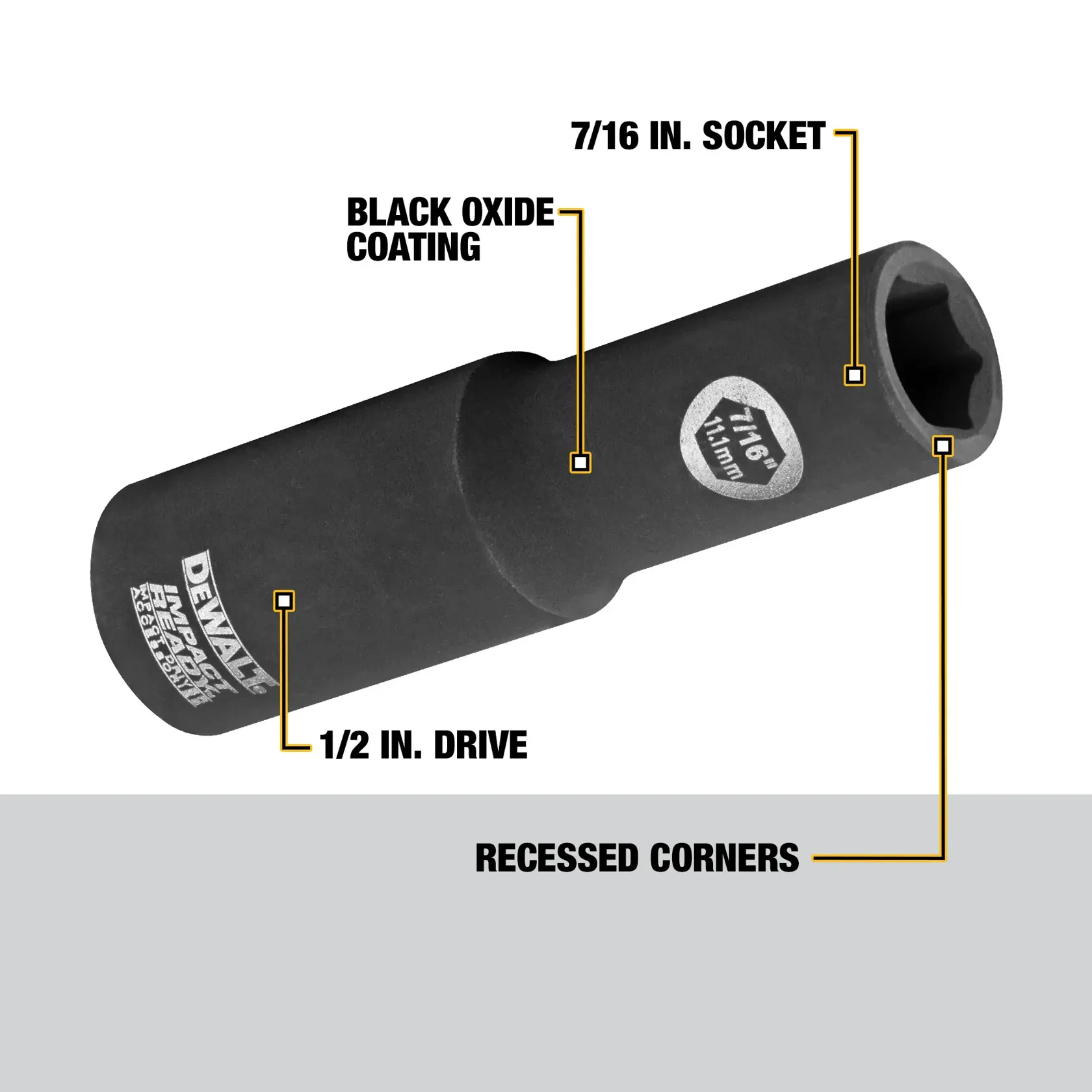 Image of a DEWALT impact socket with product features highlighted, including a 7/16 inch socket, 1/2 inch drive, black oxide coating, and recessed corners.
