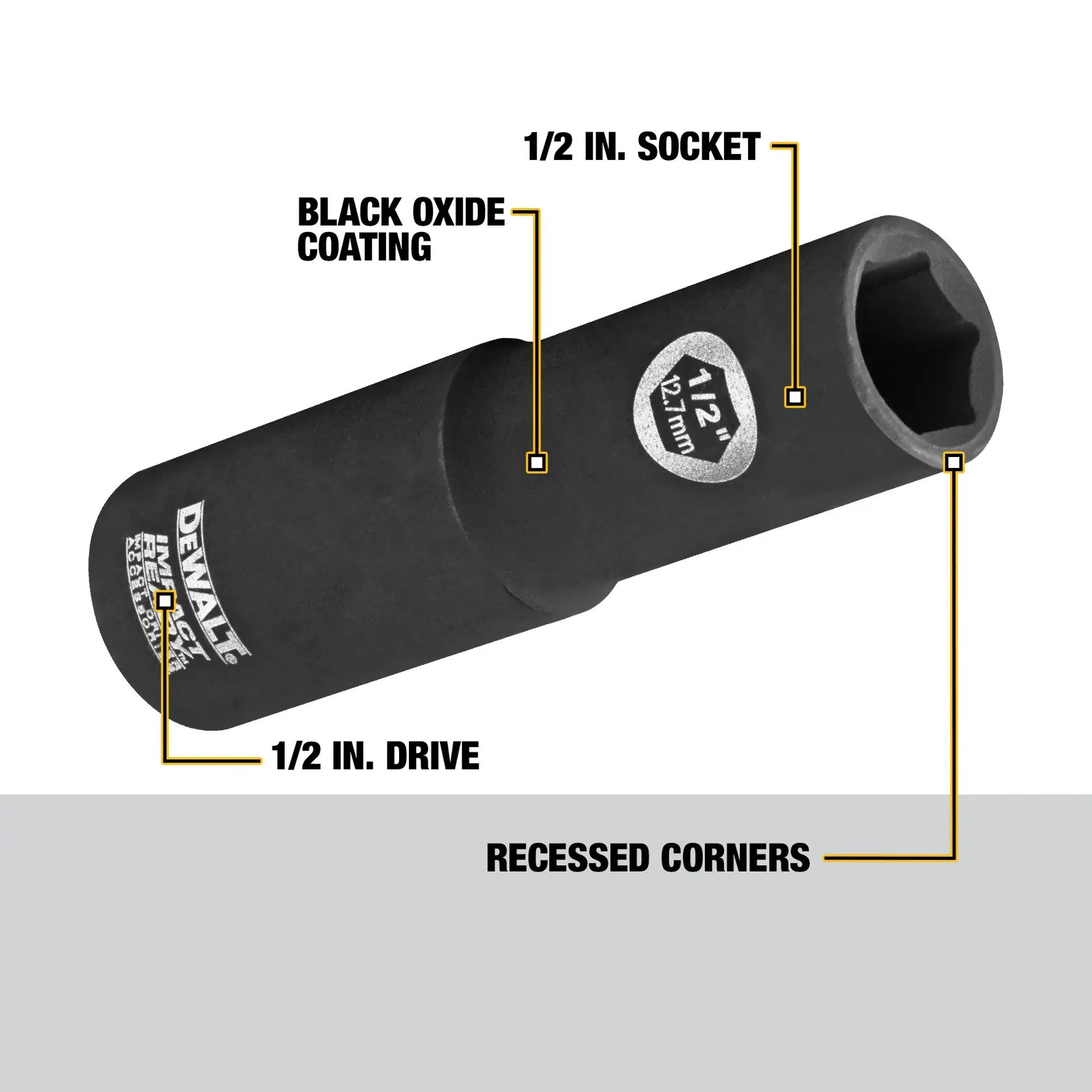 A DEWALT branded black oxide coated socket tool with labeled features: 1/2 inch drive, 1/2 inch socket, recessed corners, and black oxide coating.