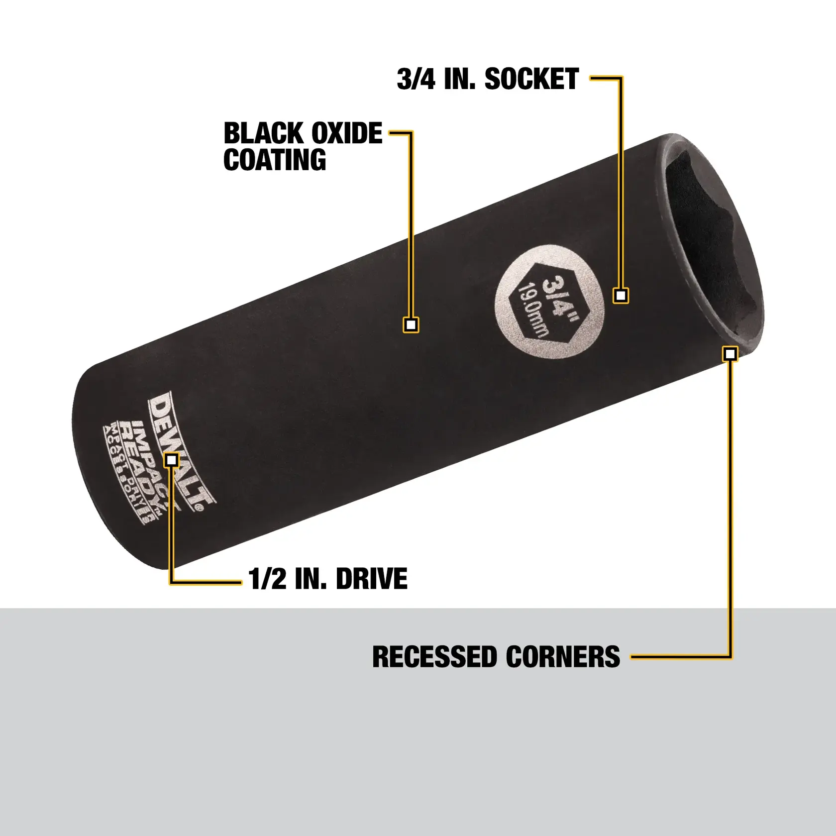 A DEWALT impact socket with black oxide coating, showing labeled features including 3/4 inch socket, 1/2 inch drive, and recessed corners.