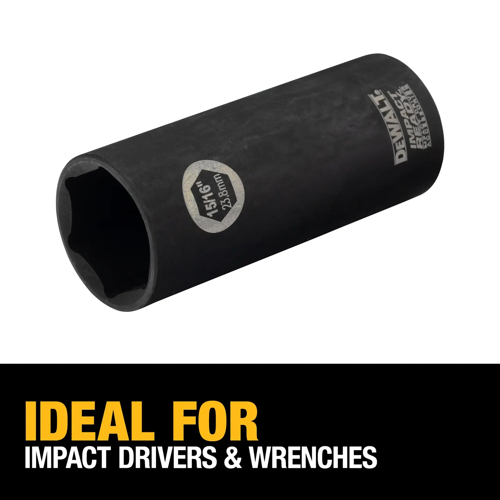A DEWALT branded impact socket with a 7/16 inch (32.8mm) size shown above text highlighting its use as ideal for impact drivers and wrenches.