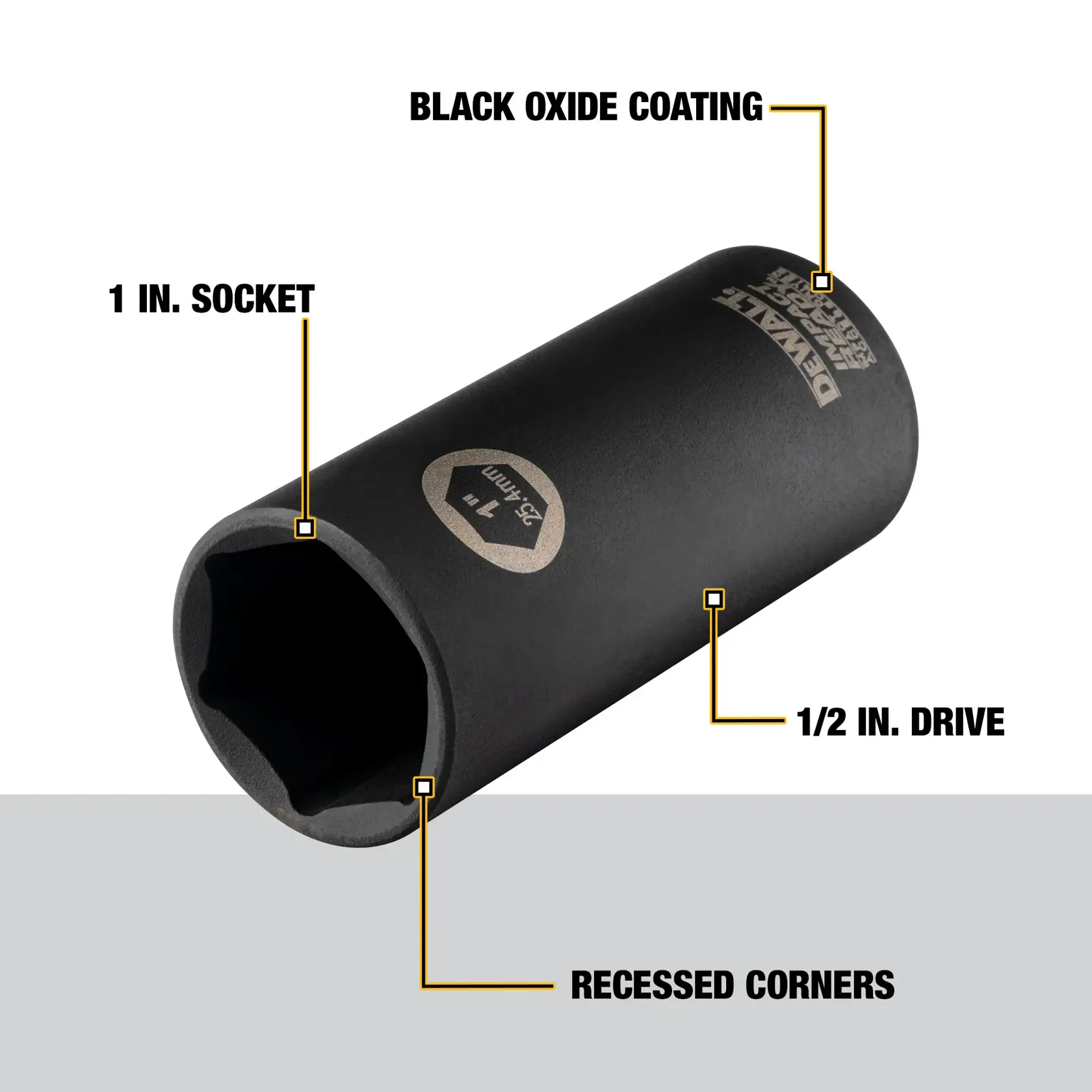 Close-up image of a DEWALT socket tool with black oxide coating, labeled with features including a 1 inch socket, 1/2 inch drive, and recessed corners.