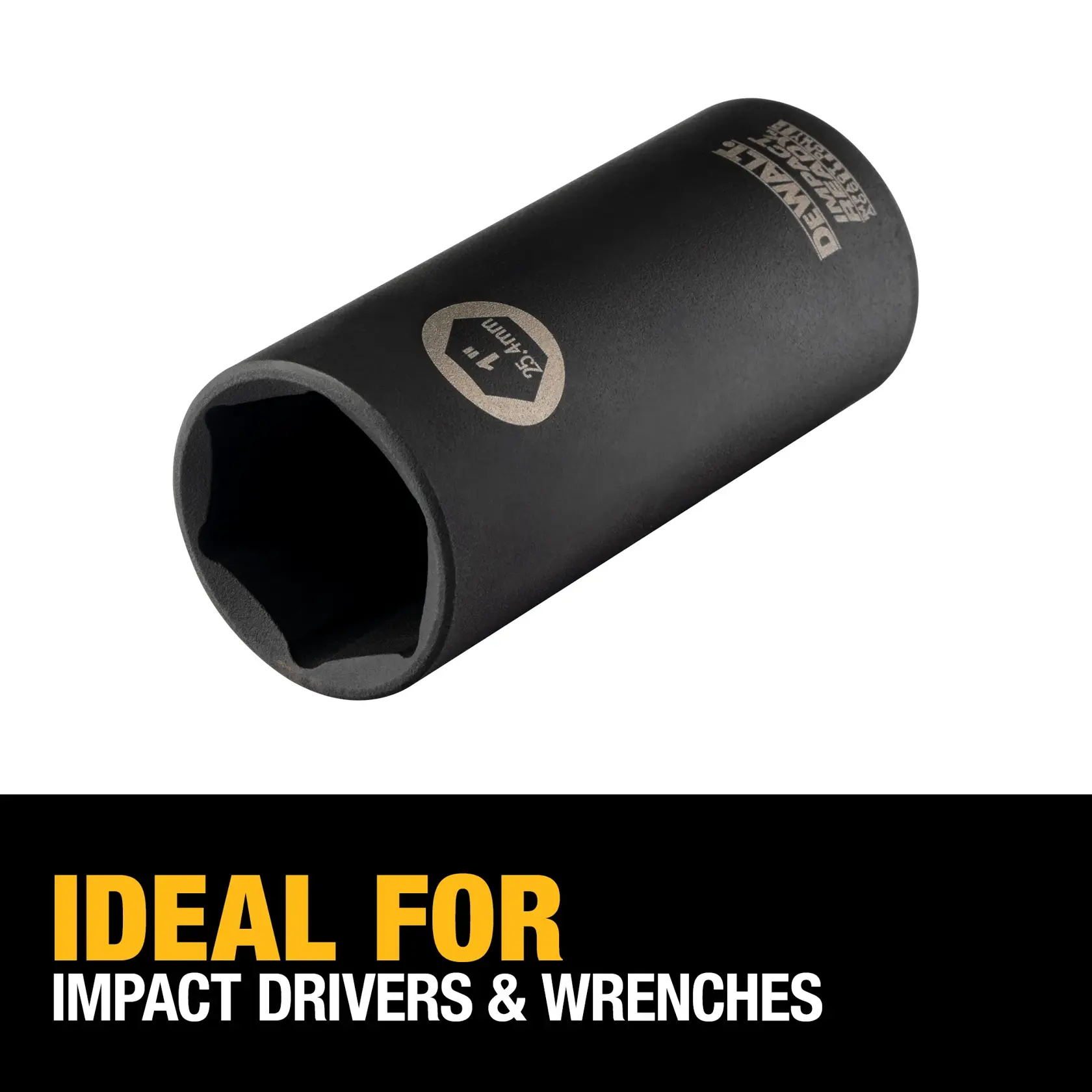 A DEWALT branded deep impact socket, displayed against a white background. The socket is labeled '7/16 inch' and the text below reads 'Ideal for impact drivers & wrenches.'