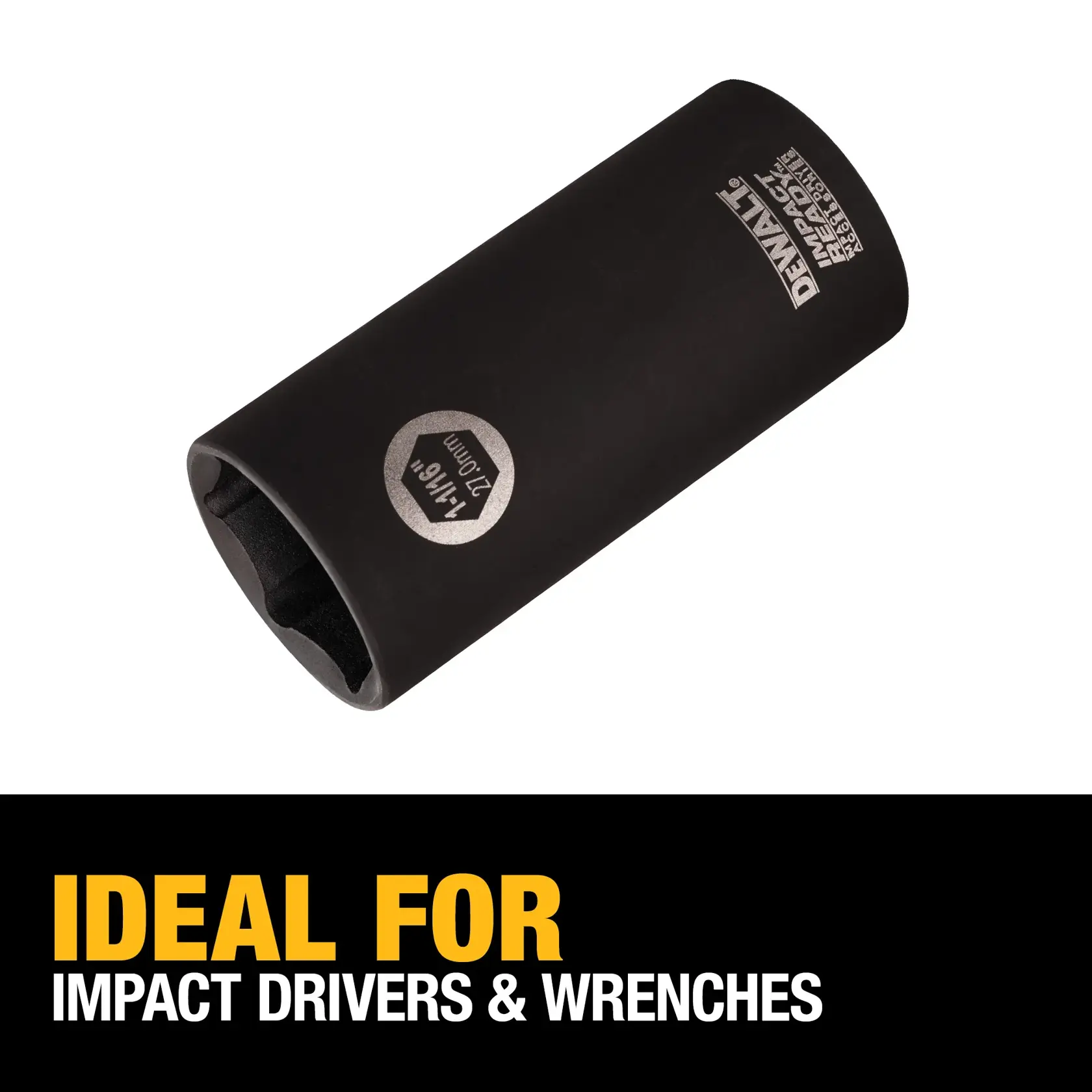 A DEWALT 1-1/16 inch (27mm) impact socket, model DW22952, designed for use with impact drivers and wrenches. Text at the bottom reads: 'Ideal for impact drivers & wrenches.'
