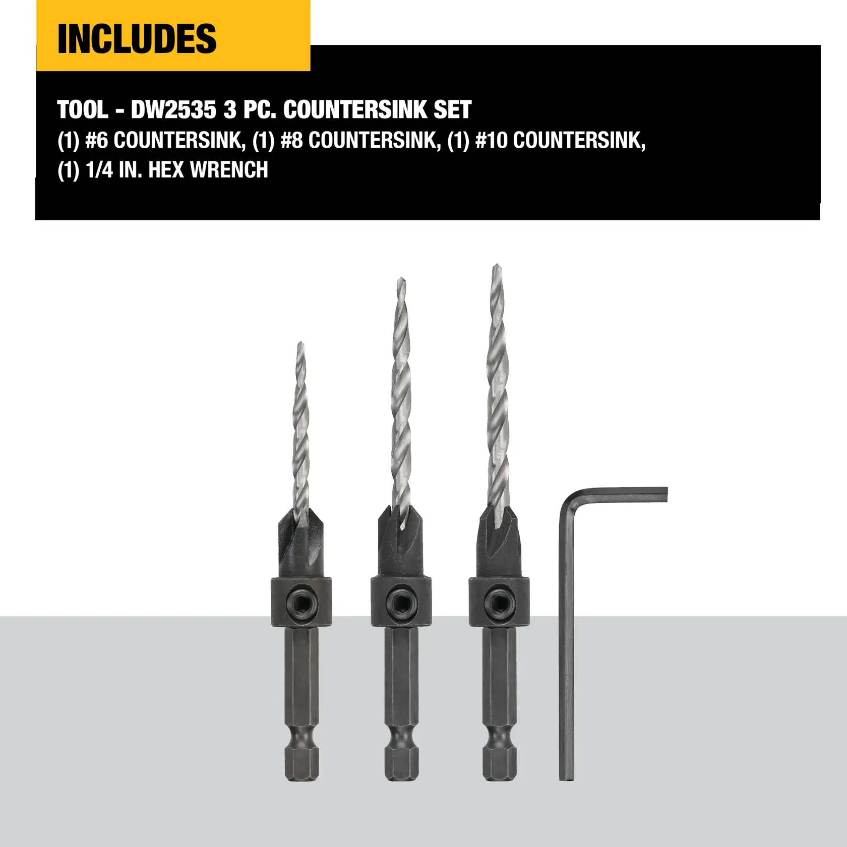 Image showing a DEWALT DW2535 3-piece countersink set, which includes three countersink drill bits and a 1/4 inch hex wrench. The sizes of the drill bits are #6, #8, and #10.