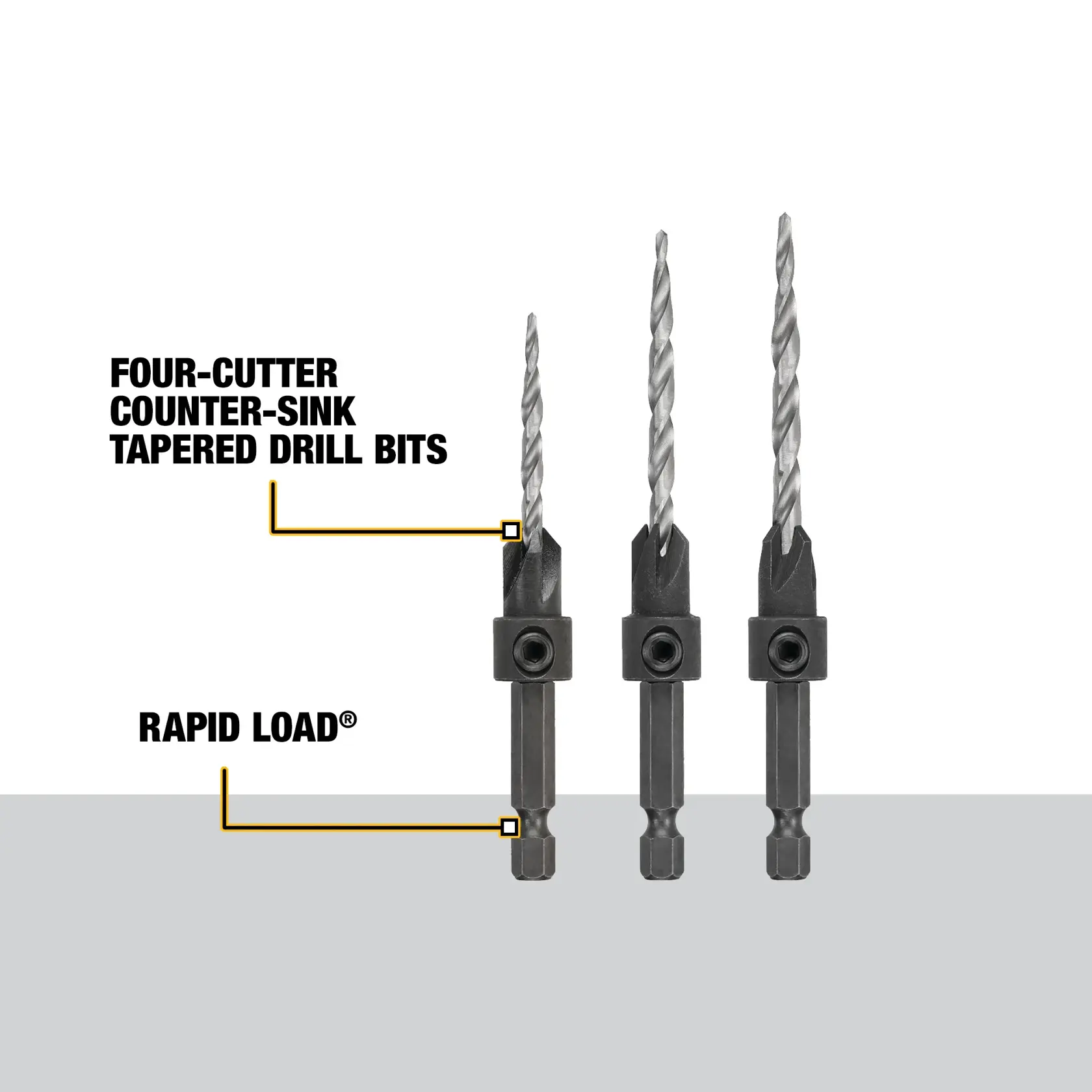 Three DEWALT four-cutter counter-sink tapered drill bits with rapid load features, shown upright against a white and gray background. Text labels indicate the four-cutter counter-sink design and rapid load capability.