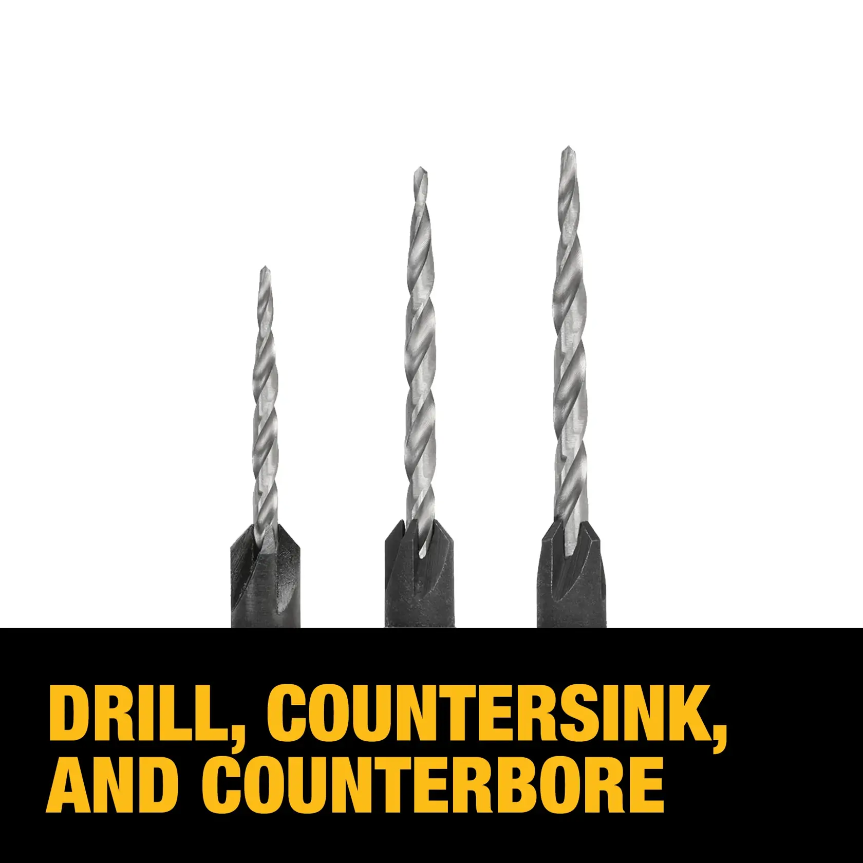 Three DEWALT drill bits designed for drilling, countersinking, and counterboring are shown above a black and yellow banner with the text: DRILL, COUNTERSINK, AND COUNTERBORE.