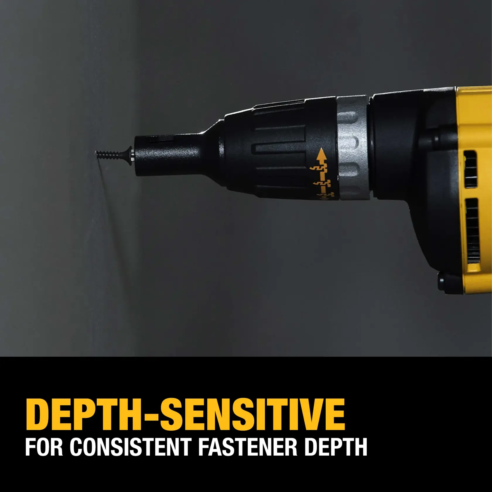 Close-up of a DEWALT power tool driving a screw into a surface, with the text 'Depth-sensitive for consistent fastener depth' highlighted below.