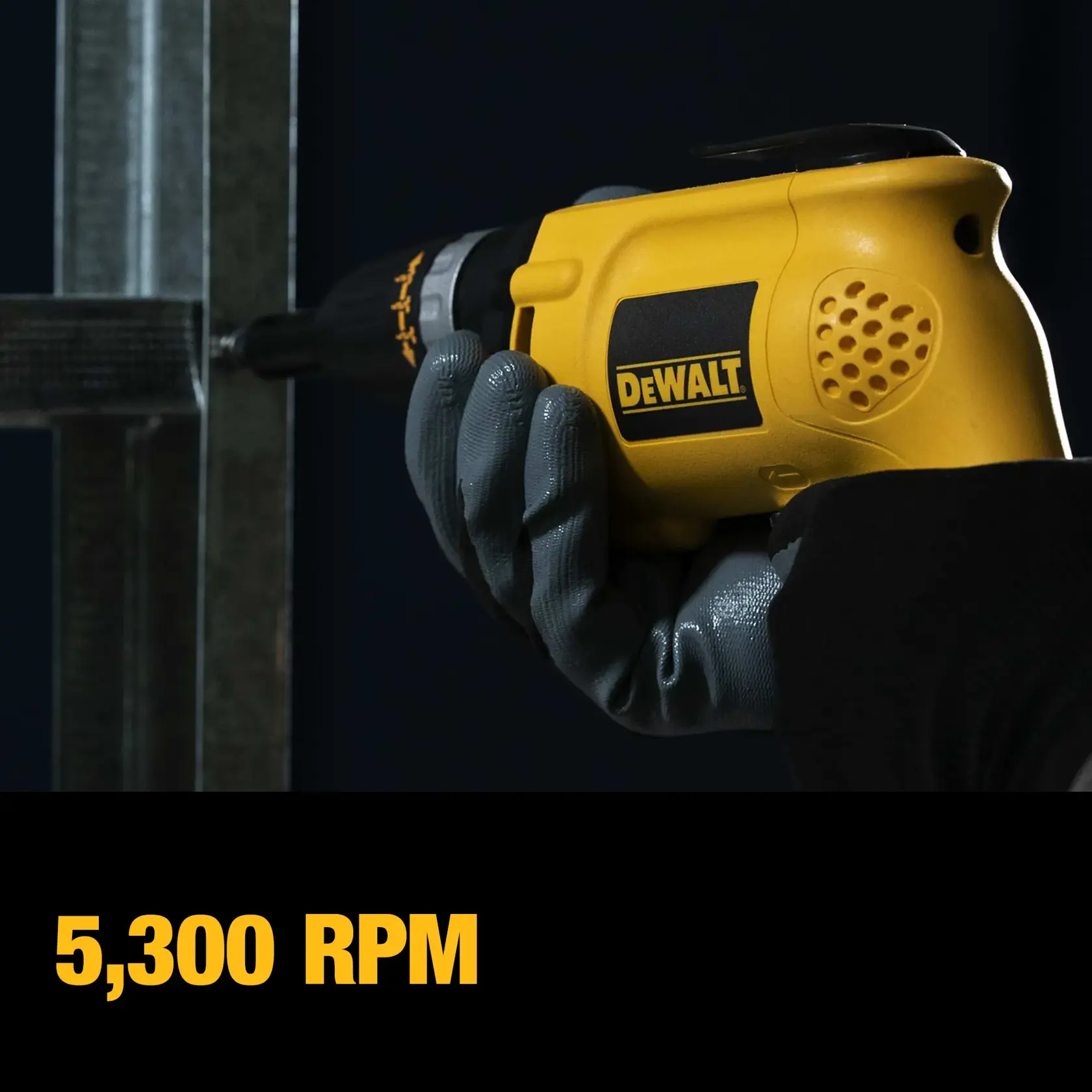 A close-up of a hand wearing a work glove using a DEWALT DW255 yellow electric screwdriver on a metal frame. The image includes text stating '5,300 RPM' in bold yellow letters at the bottom.