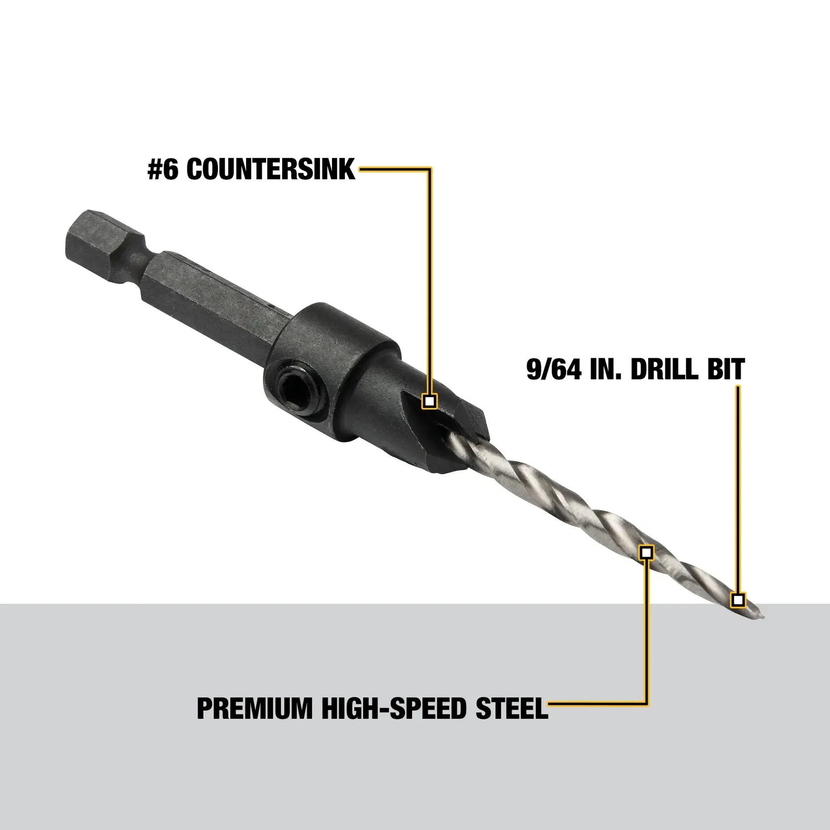 A DEWALT countersink drill bit labeled with features: #6 countersink, 9/64 inch drill bit, and premium high-speed steel material.
