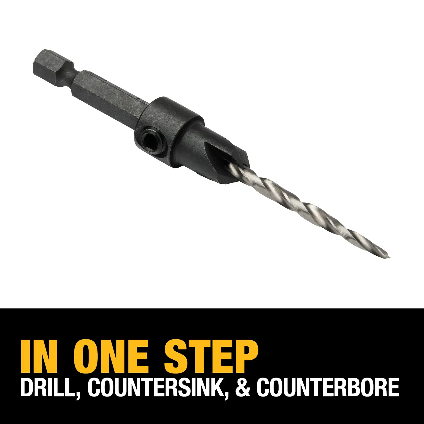 DEWALT drill bit with countersink and counterbore attachment. Text reads: 'IN ONE STEP DRILL, COUNTERSINK, & COUNTERBORE.'
