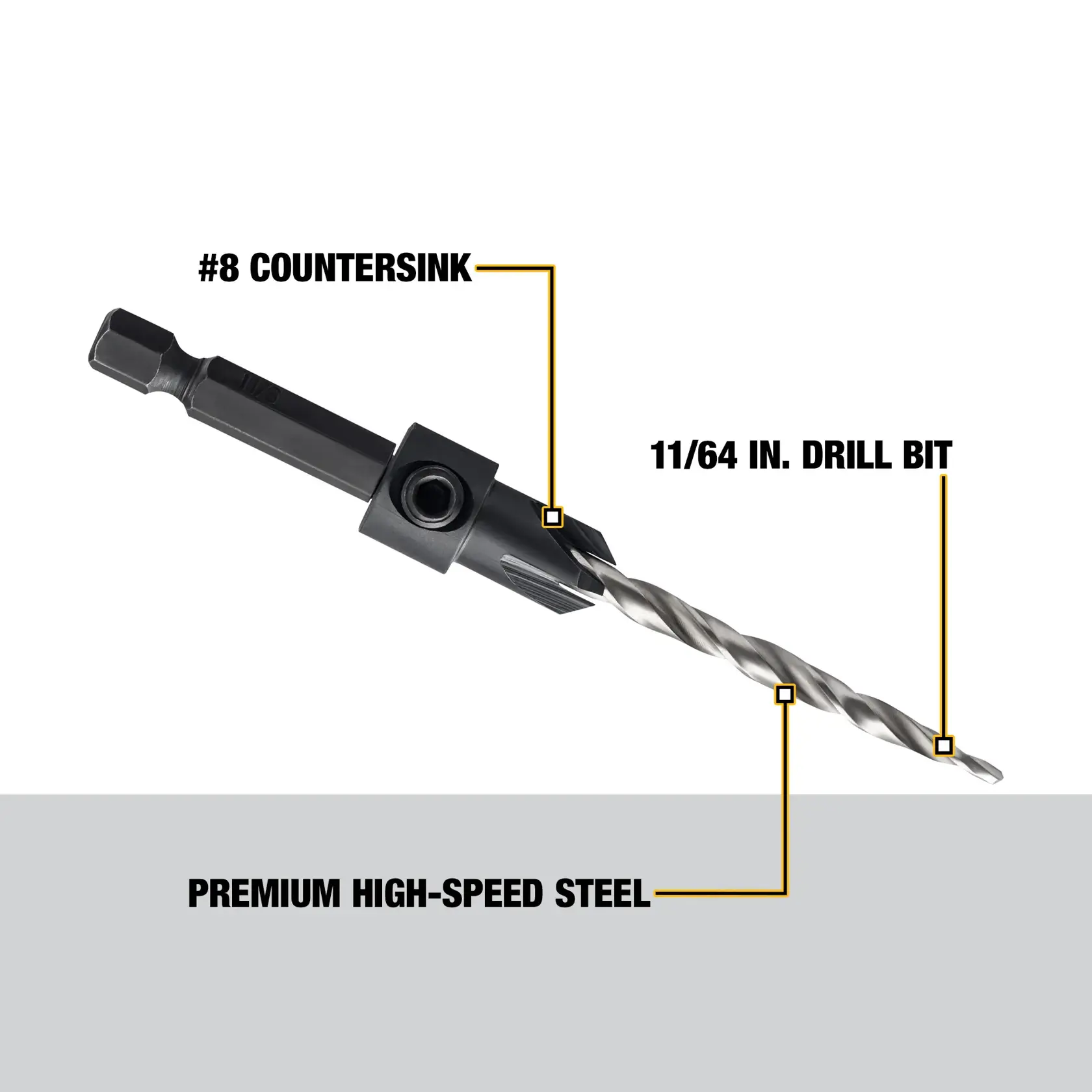 A DEWALT #8 countersink drill bit made of premium high-speed steel. The image highlights the 11/64 inch drill bit and countersink features.
