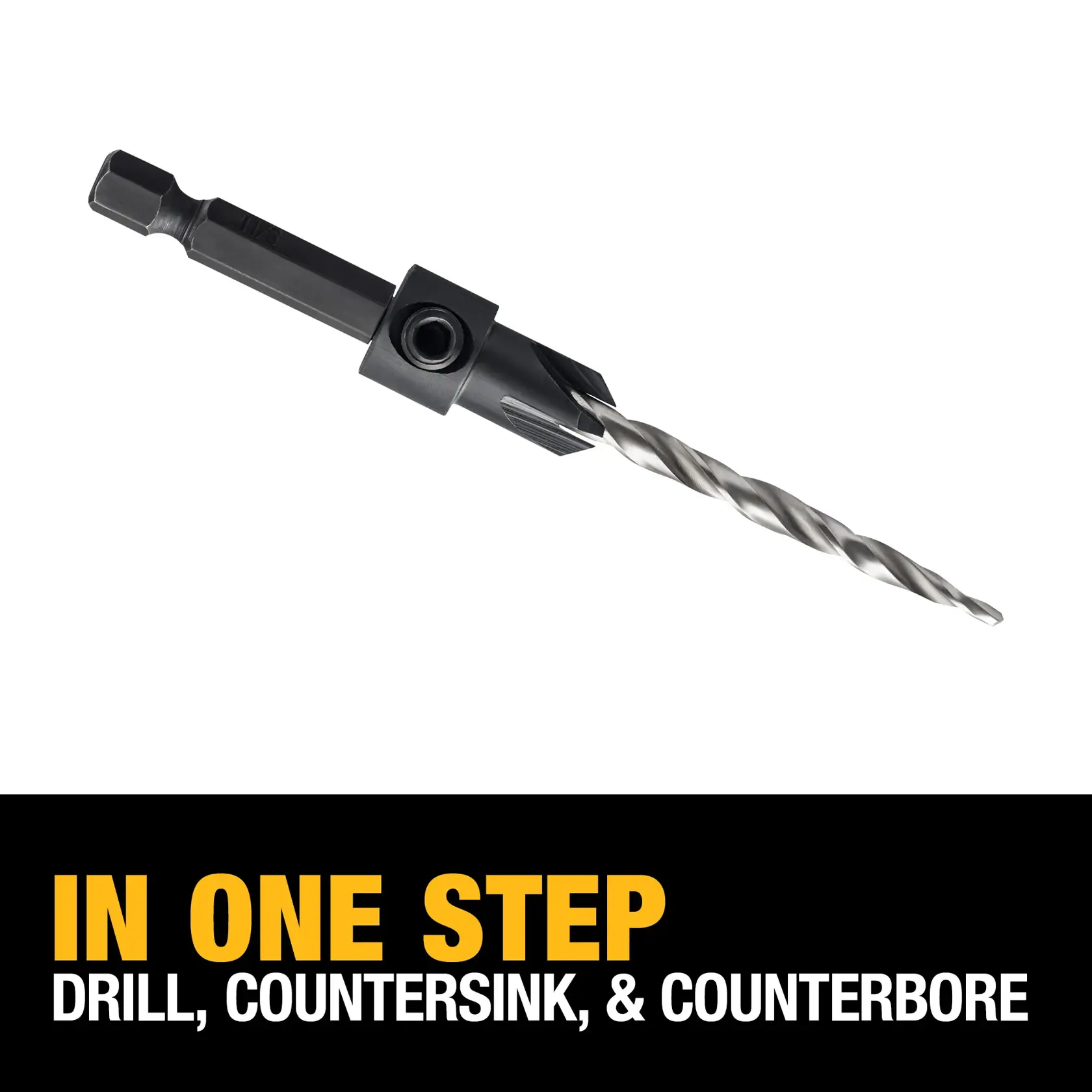 A DEWALT drill bit with countersink and counterbore functions, shown above text that says: 'In one step - drill, countersink, & counterbore.'