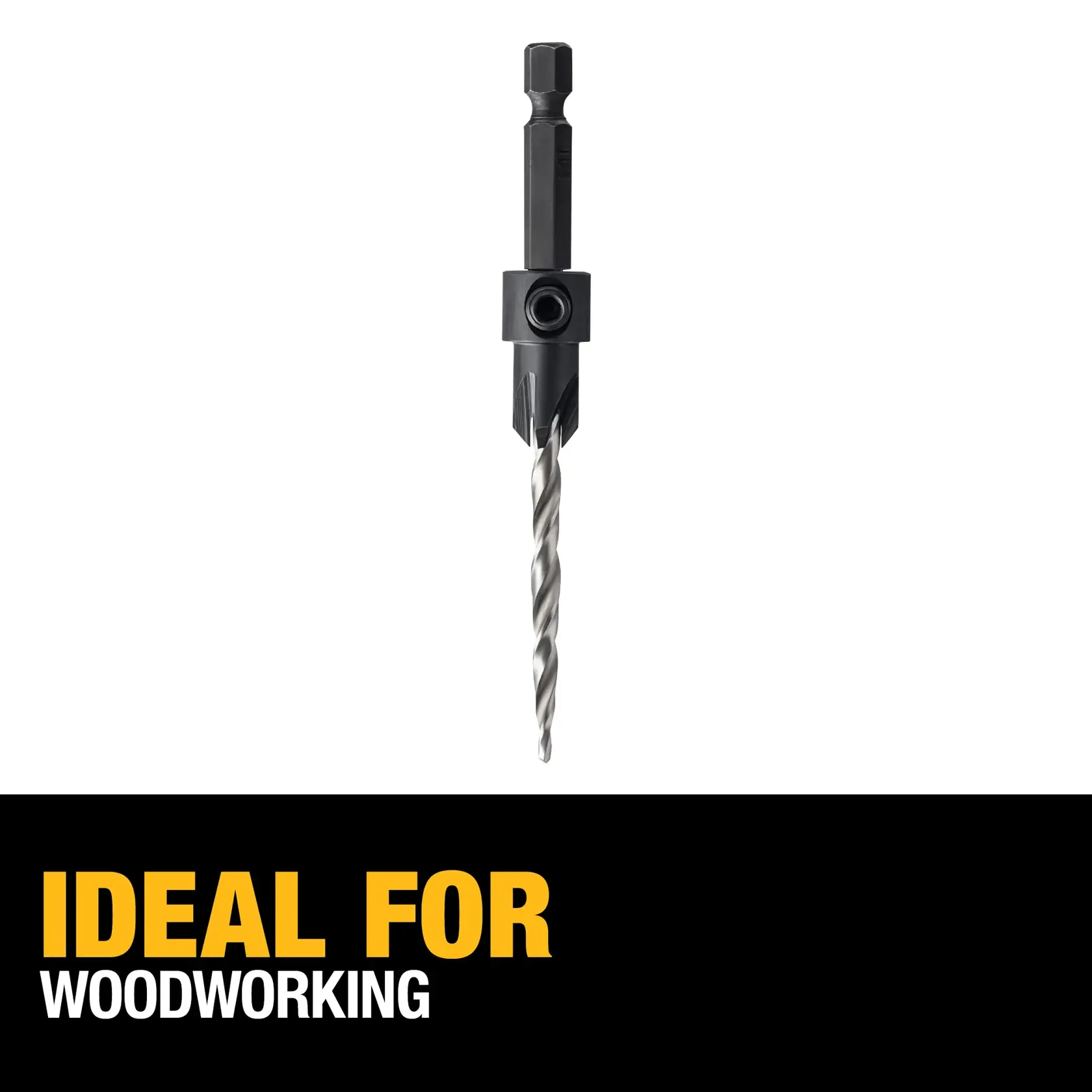 DEWALT drill bit accessory with hex shank and adjustable collar, shown above a black banner with the text 'Ideal for Woodworking'.