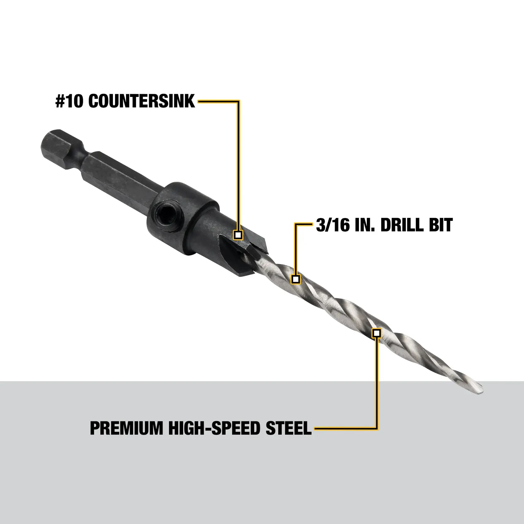 A DEWALT drill bit with labeled features including a #10 countersink, a 3/16 inch drill bit, and premium high-speed steel construction.