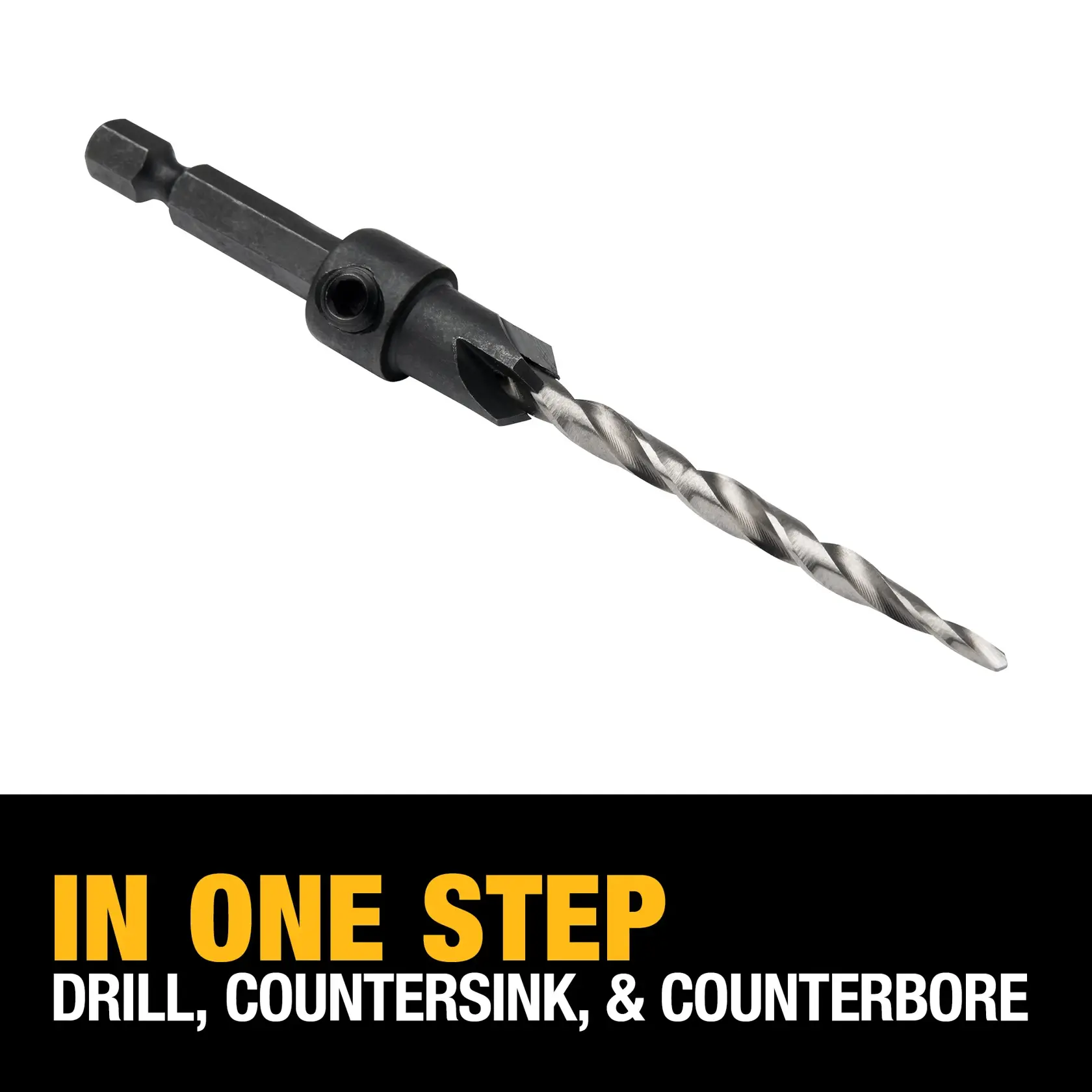 A DEWALT drill bit combination tool for drilling, countersinking, and counterboring in one step, shown against a white background with text describing its functions.