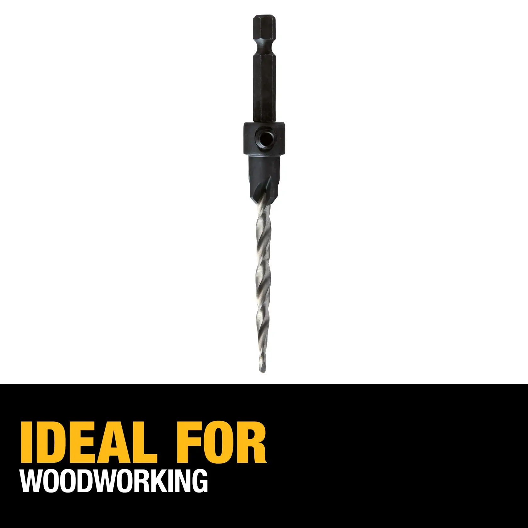 A DEWALT drill bit with a hex shank, shown vertically on a white background. Bold text below reads 'Ideal for woodworking'.