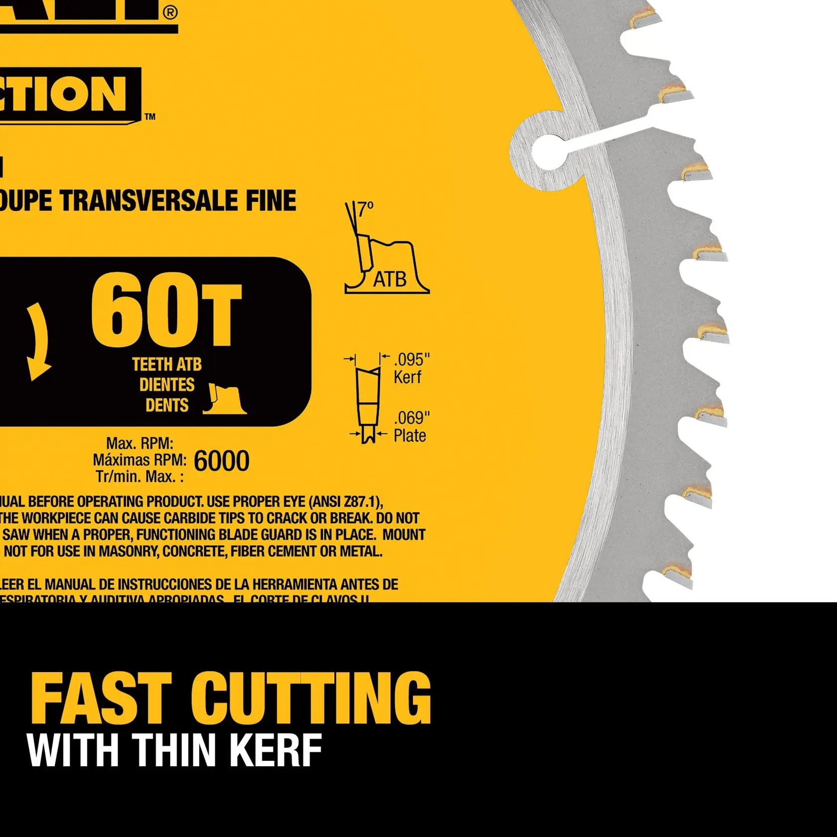 Close-up of a DEWALT circular saw blade featuring 60 teeth with thin kerf for fast cutting. The blade is labeled for fine crosscutting and has specifications including 0.095 inch kerf, 0.069 inch plate thickness, and maximum RPM of 6000.