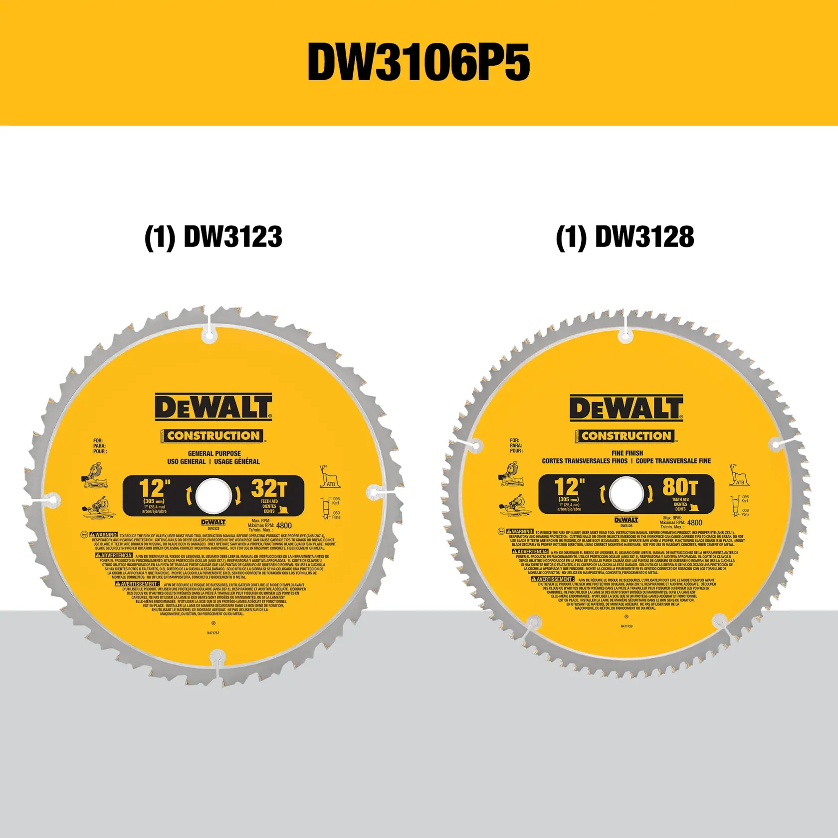 Image showing two DEWALT construction circular saw blades. The left blade is model DW3123, 12-inch diameter with 32 teeth for general purpose use. The right blade is model DW3128, 12-inch diameter with 80 teeth for fine finish cuts. Both blades have yellow centers with black text and DEWALT branding.