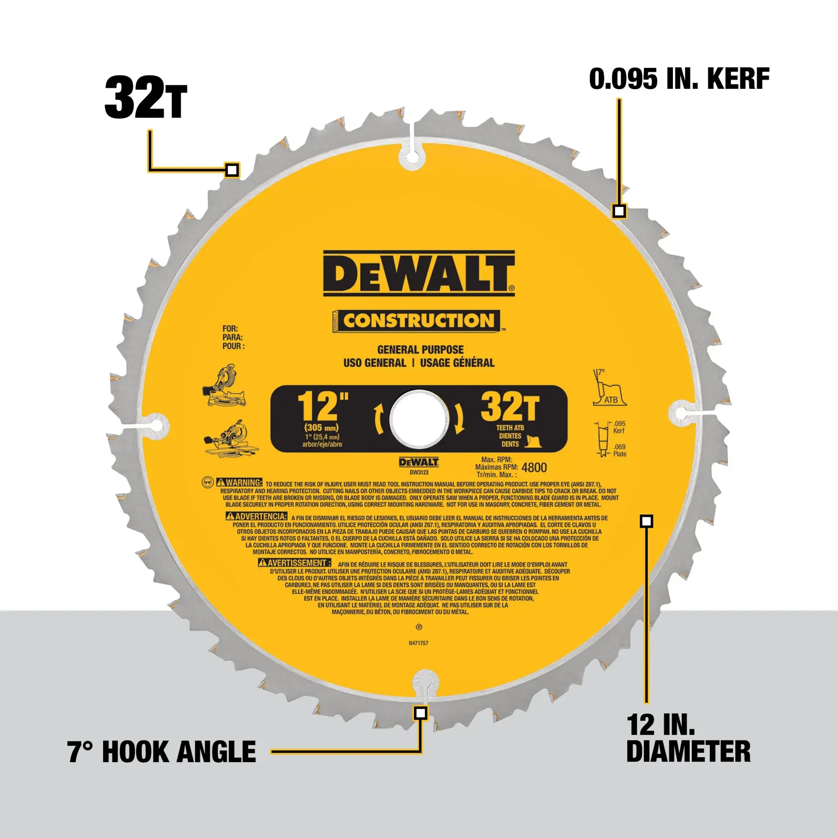 Image of a DEWALT Construction circular saw blade. The blade is yellow with silver teeth, and features specifications: 32 teeth (32T), 0.095 inch kerf, 7 degree hook angle, and 12 inch diameter. Seen are safety warnings and usage icons.