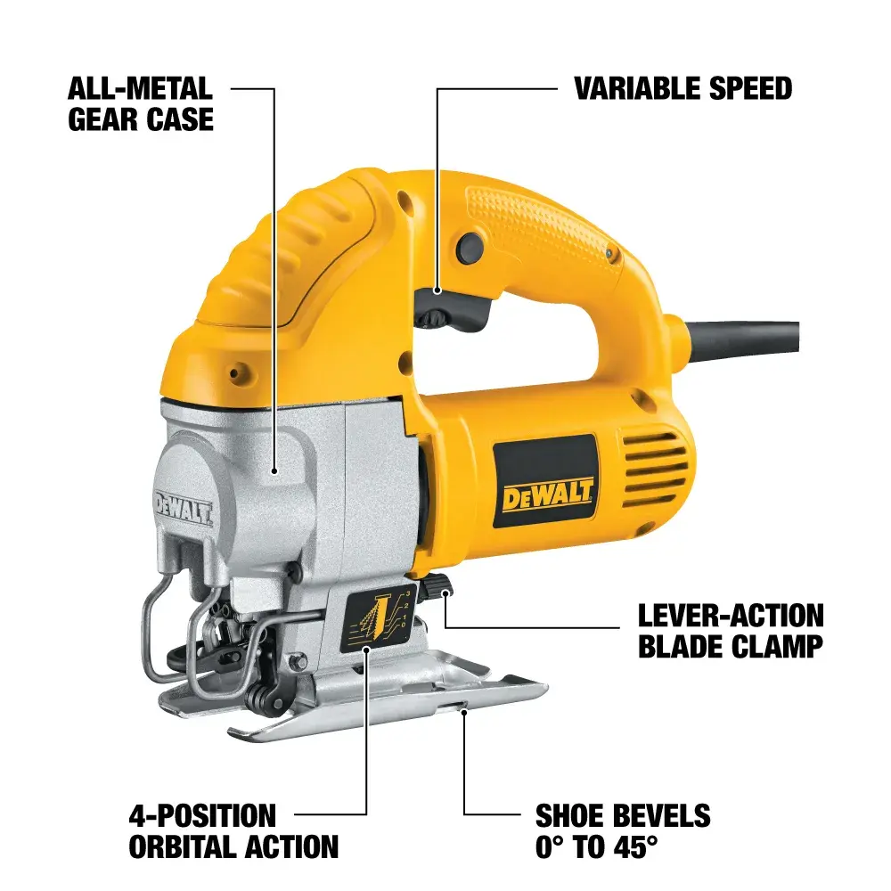 A DEWALT DW317K jigsaw with highlighted features: all-metal gear case, variable speed, lever-action blade clamp, 4-position orbital action, and shoe bevels from 0° to 45°.