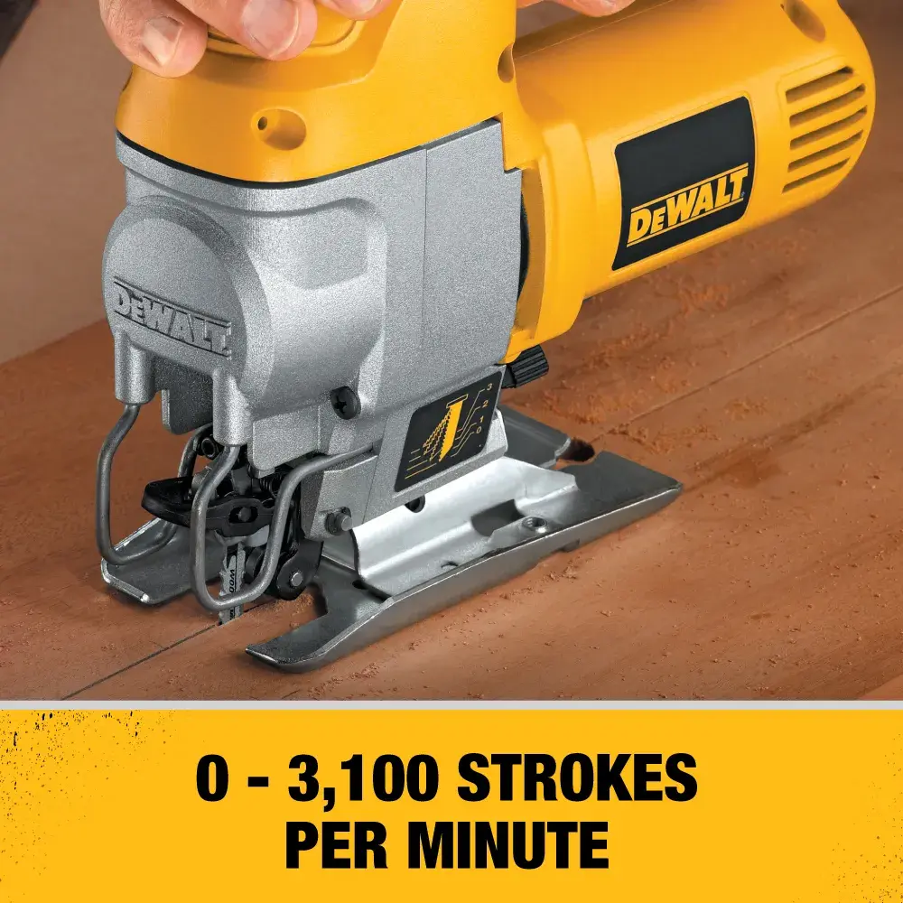 A DEWALT jigsaw being used to cut wood, with a label stating '0 - 3,100 strokes per minute.'