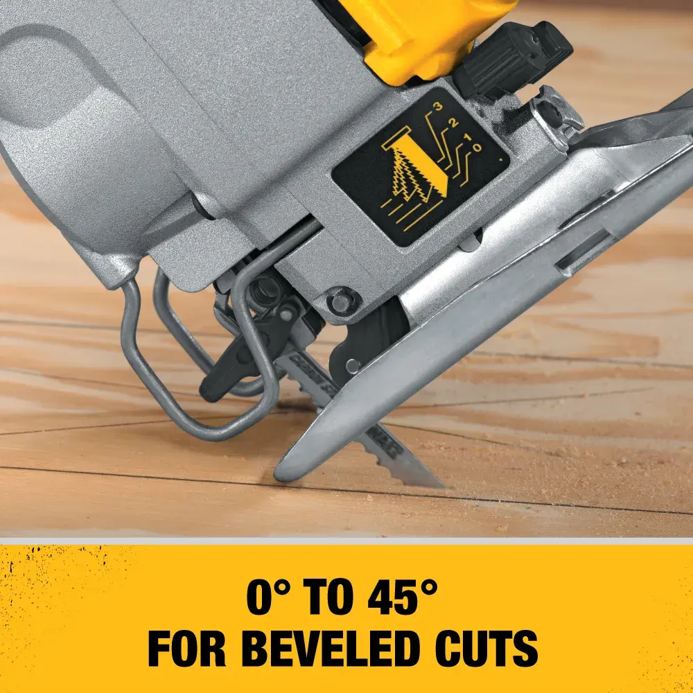 Close-up of a DEWALT jigsaw making a beveled cut on wood, with a label indicating it can be angled from 0° to 45° for beveled cuts.
