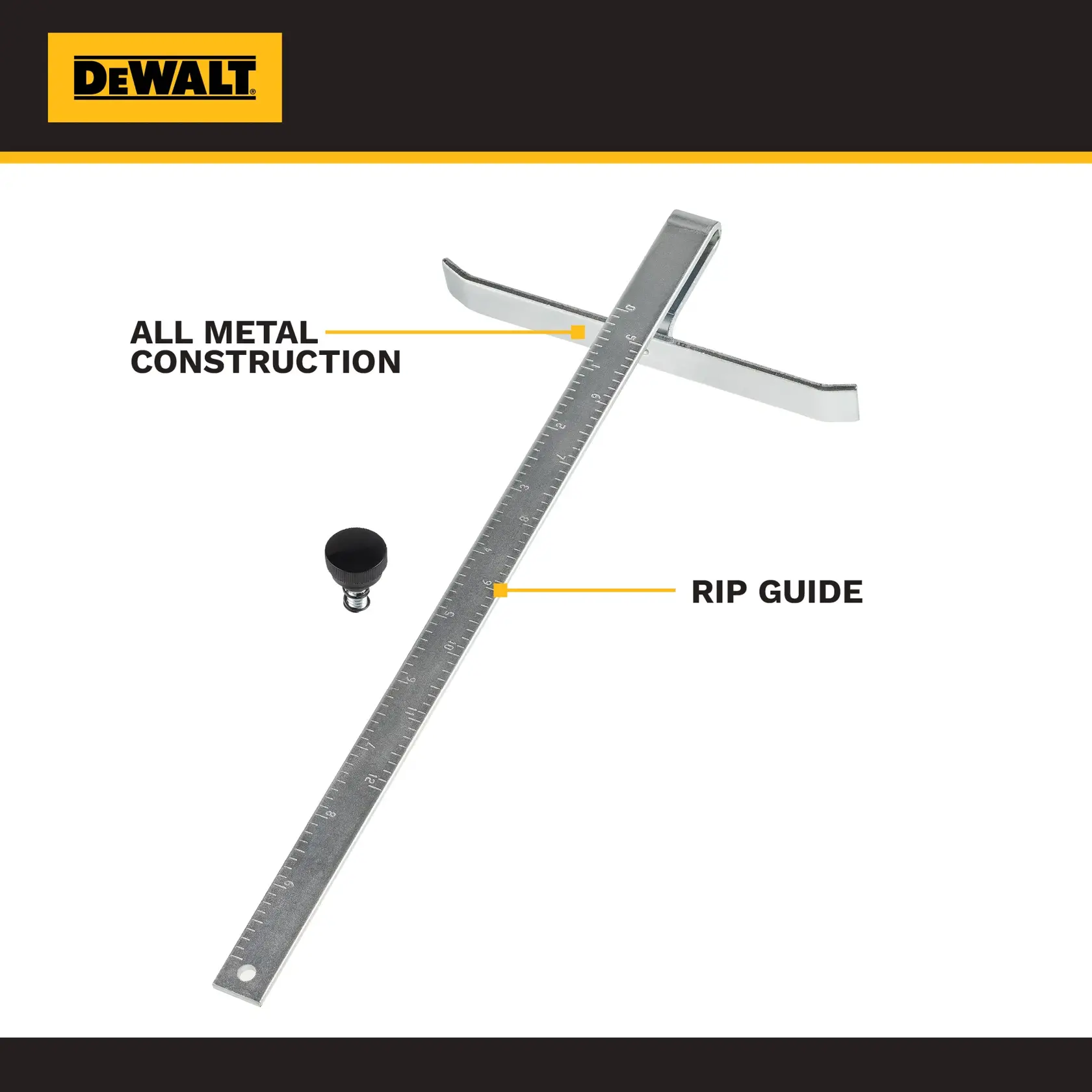 DEWALT branded graphic showing a metal rip guide with measurement markings and a black knob. Labels highlight its all metal construction and rip guide feature.
