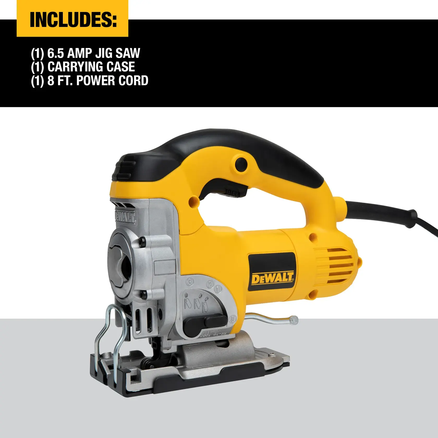 Image of a DEWALT 6.5 amp jigsaw with a yellow and black design, shown with a power cord. The image includes text listing the package contents: one 6.5 amp jigsaw, one carrying case, and one 8-foot power cord.