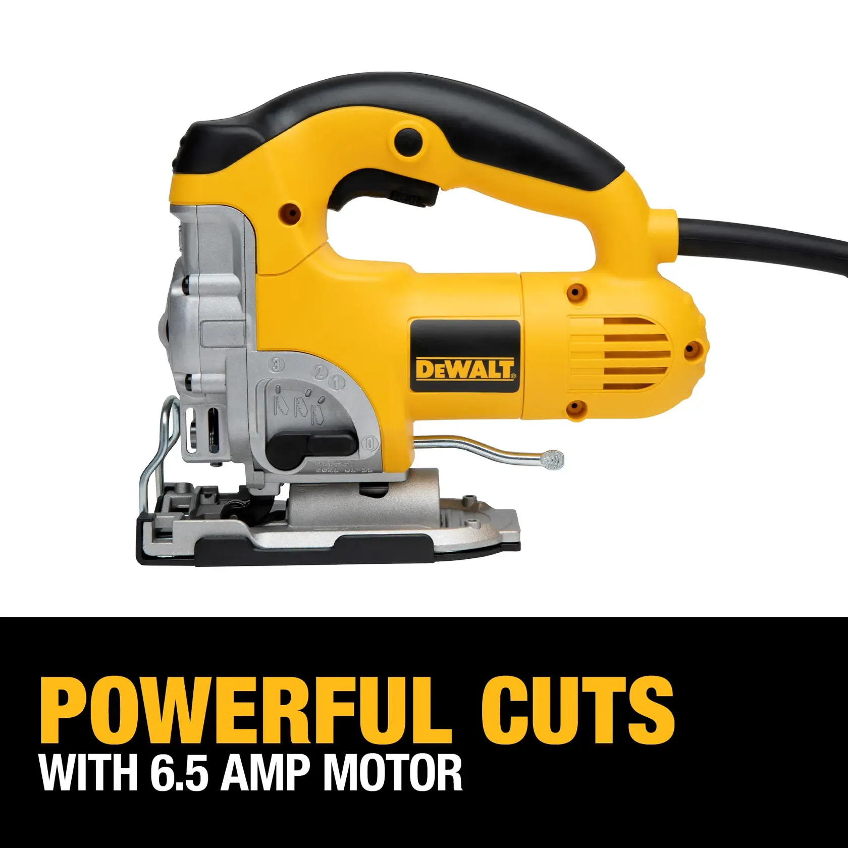A yellow and black DEWALT jigsaw (model DW331K) with a cord, shown in profile view. The image highlights its powerful cutting capability with a 6.5 amp motor.