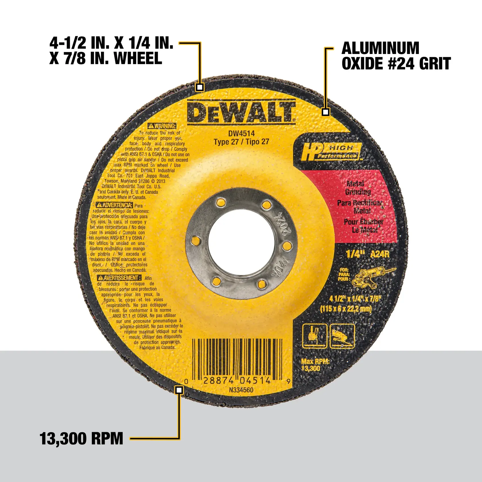 DEWALT DW4514 grinding wheel Type 27, High Performance Metal series. The wheel size is 4-1/2 inches x 1/4 inch x 7/8 inch, made of aluminum oxide #24 grit, designed for metal grinding. Maximum speed is 13,300 RPM. The product has safety and usage instructions printed.