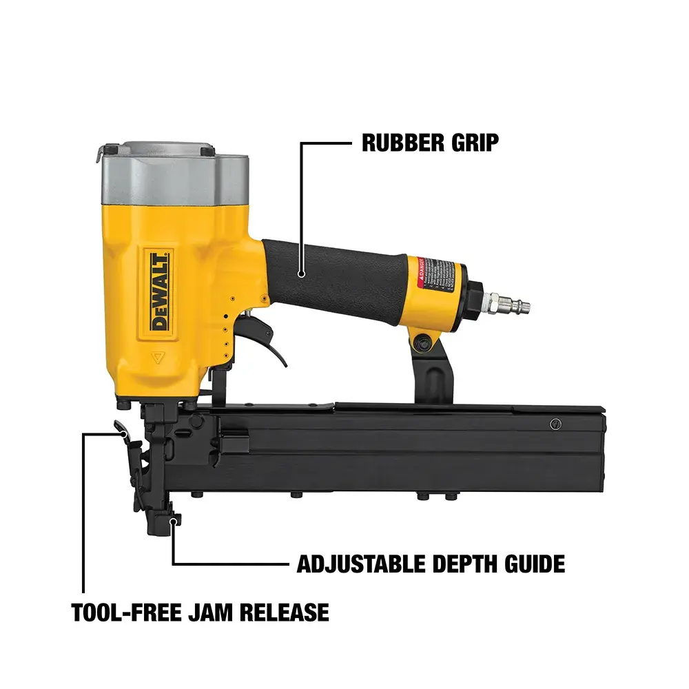 A DEWALT pneumatic nail gun with a yellow and black body. The image highlights three features: rubber grip, adjustable depth guide, and tool-free jam release.