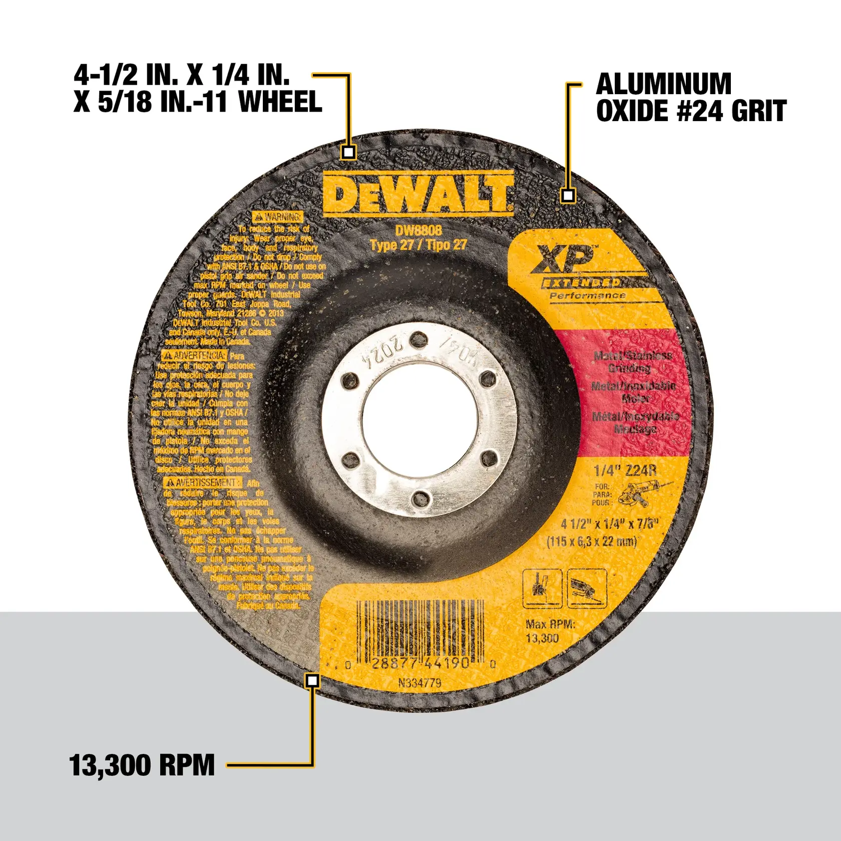 A DEWALT branded grinding wheel, model DW8808, Type 27, with dimensions 4-1/2 inch x 1/4 inch x 5/8-11. The wheel features aluminum oxide #24 grit, is labeled for XP Extended Performance, and has a maximum speed of 13,300 RPM. The wheel is intended for use on metal and stainless grinding.