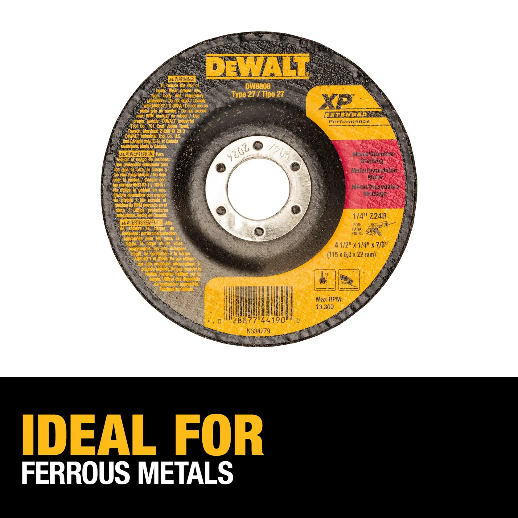 Image of a DEWALT DW8808 Type 27 grinding wheel with XP extended performance label, primarily black and yellow in color, suitable for grinding ferrous metals. The bottom text reads 'IDEAL FOR FERROUS METALS' in bold yellow and white letters.