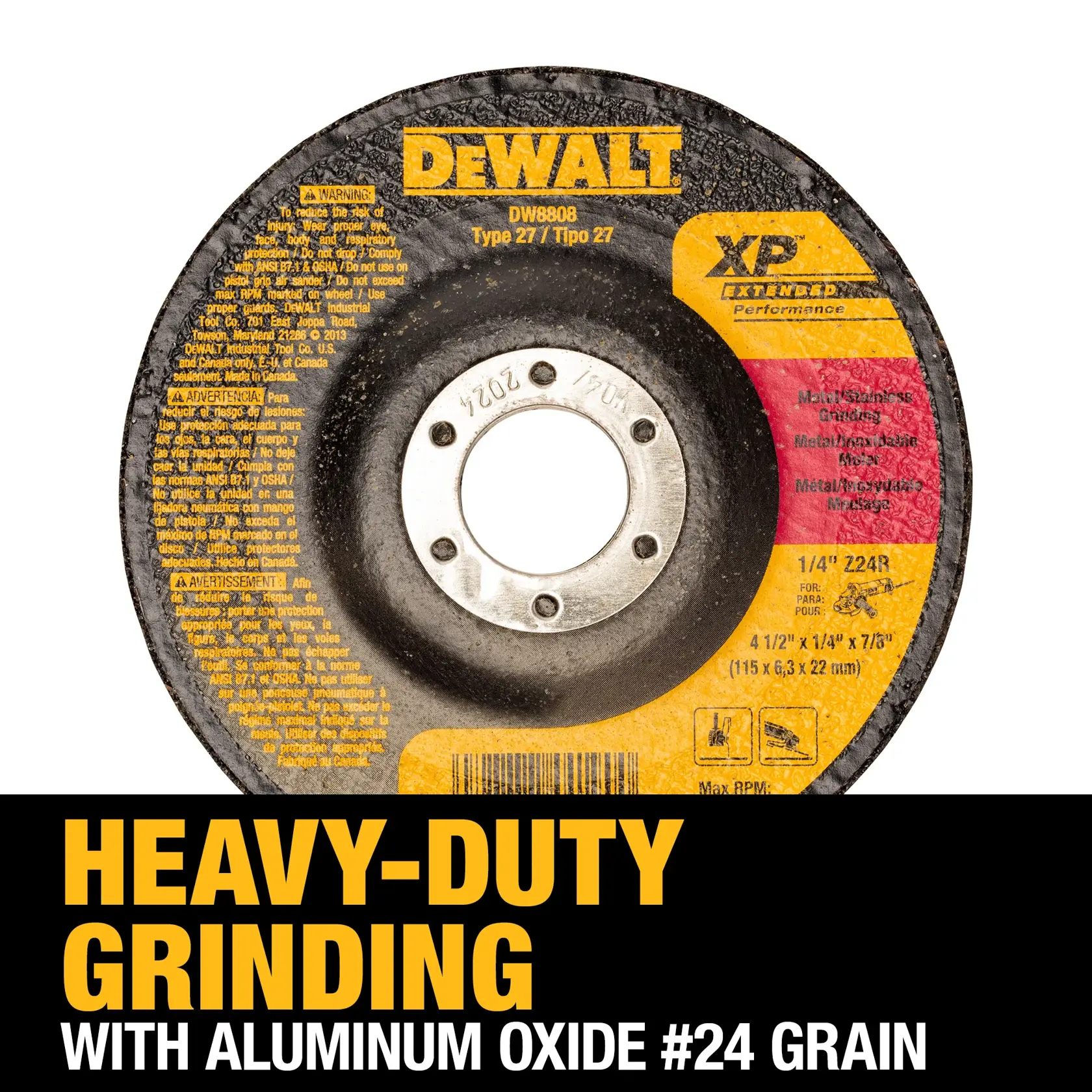 A DEWALT XP Extended Performance grinding wheel for heavy-duty grinding, featuring aluminum oxide #24 grain. The product is labeled with safety instructions, dimensions (4-1/2 in. x 1/4 in. x 7/8 in.), and is suitable for metal grinding applications.