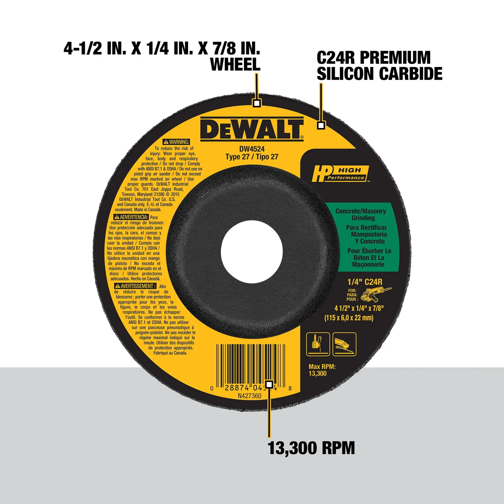 DEWALT DW4524 grinding wheel for concrete and masonry, labeled as Type 27, made of C24R premium silicon carbide, features a 4-1/2 inch diameter, 1/4 inch thickness, and 7/8 inch arbor hole. The wheel has a maximum speed of 13,300 RPM. The packaging includes usage warnings, specifications, multilingual instructions, and a barcode.